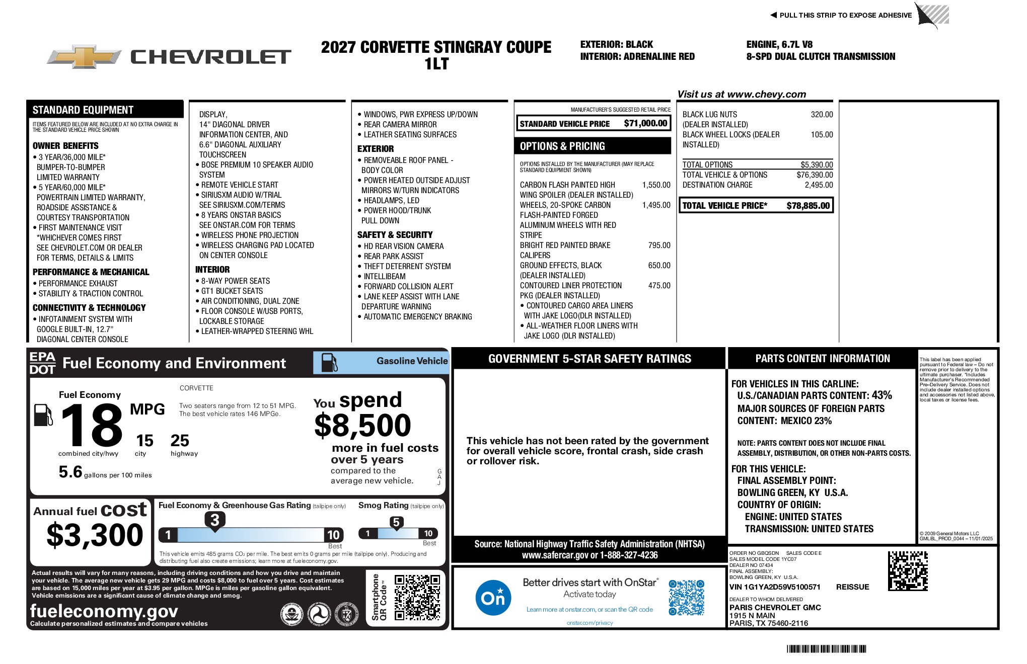 2027 Chevrolet Corvette Stingray window sticker