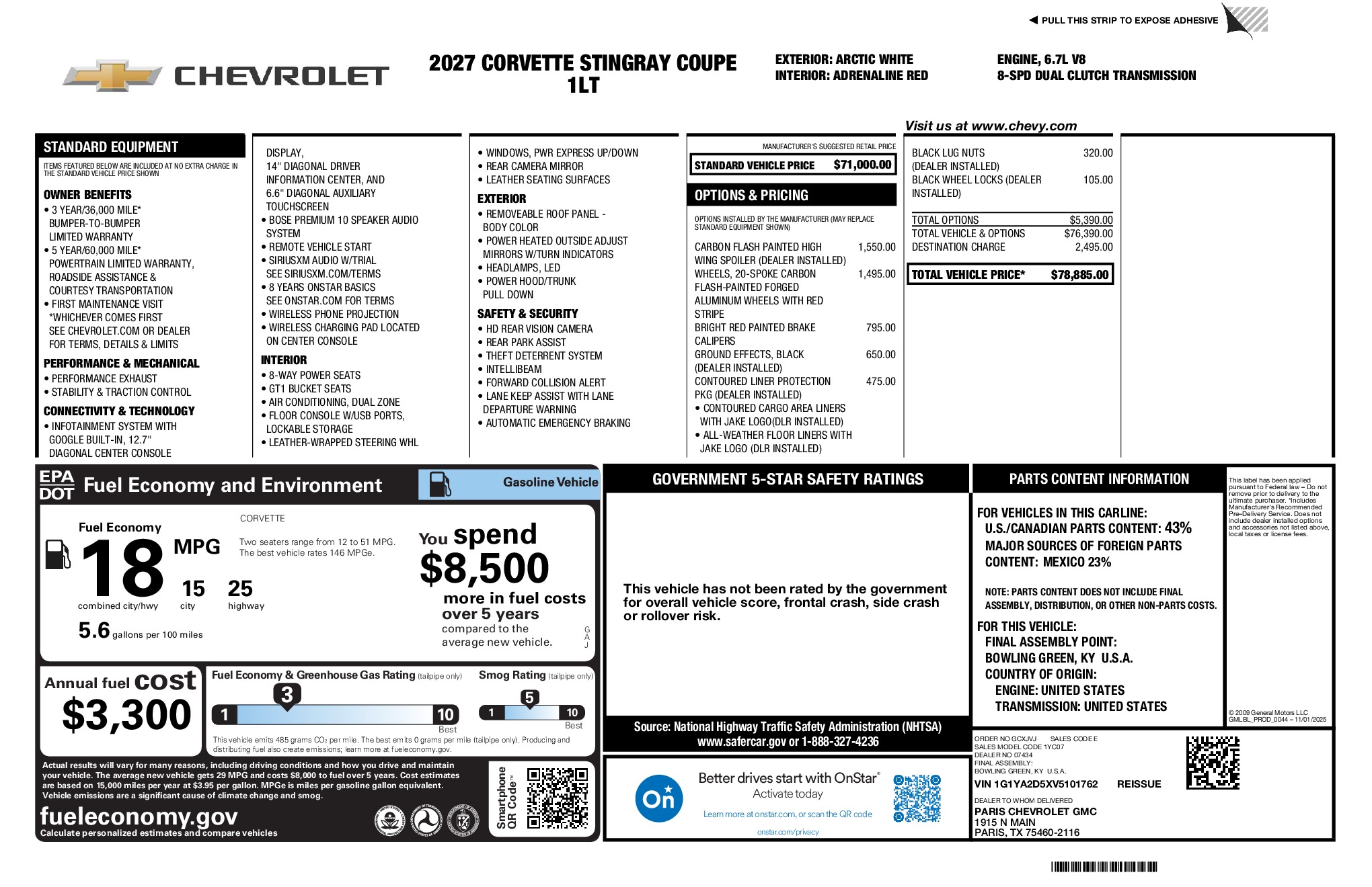 2027 Chevrolet Corvette Stingray window sticker