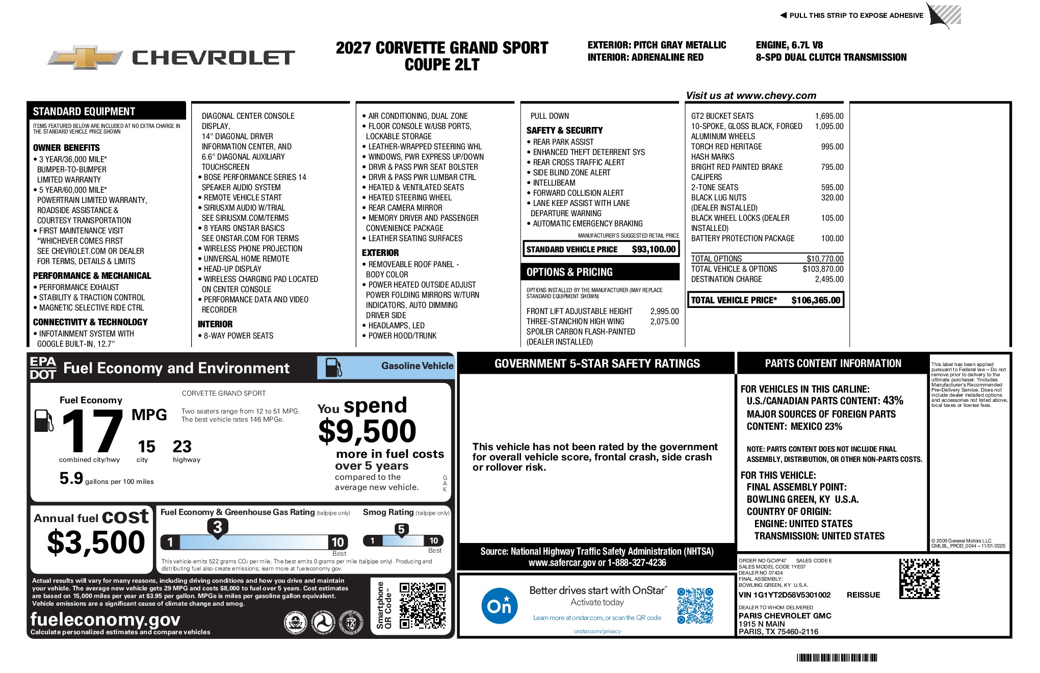 2027 Chevrolet Corvette Grand Sport window sticker