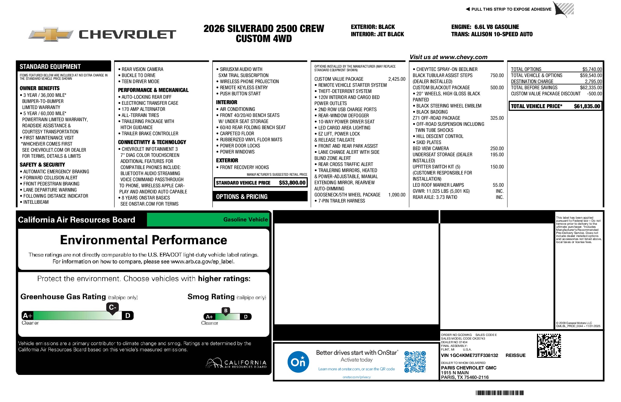 2026 Chevrolet Silverado 2500HD Custom window sticker
