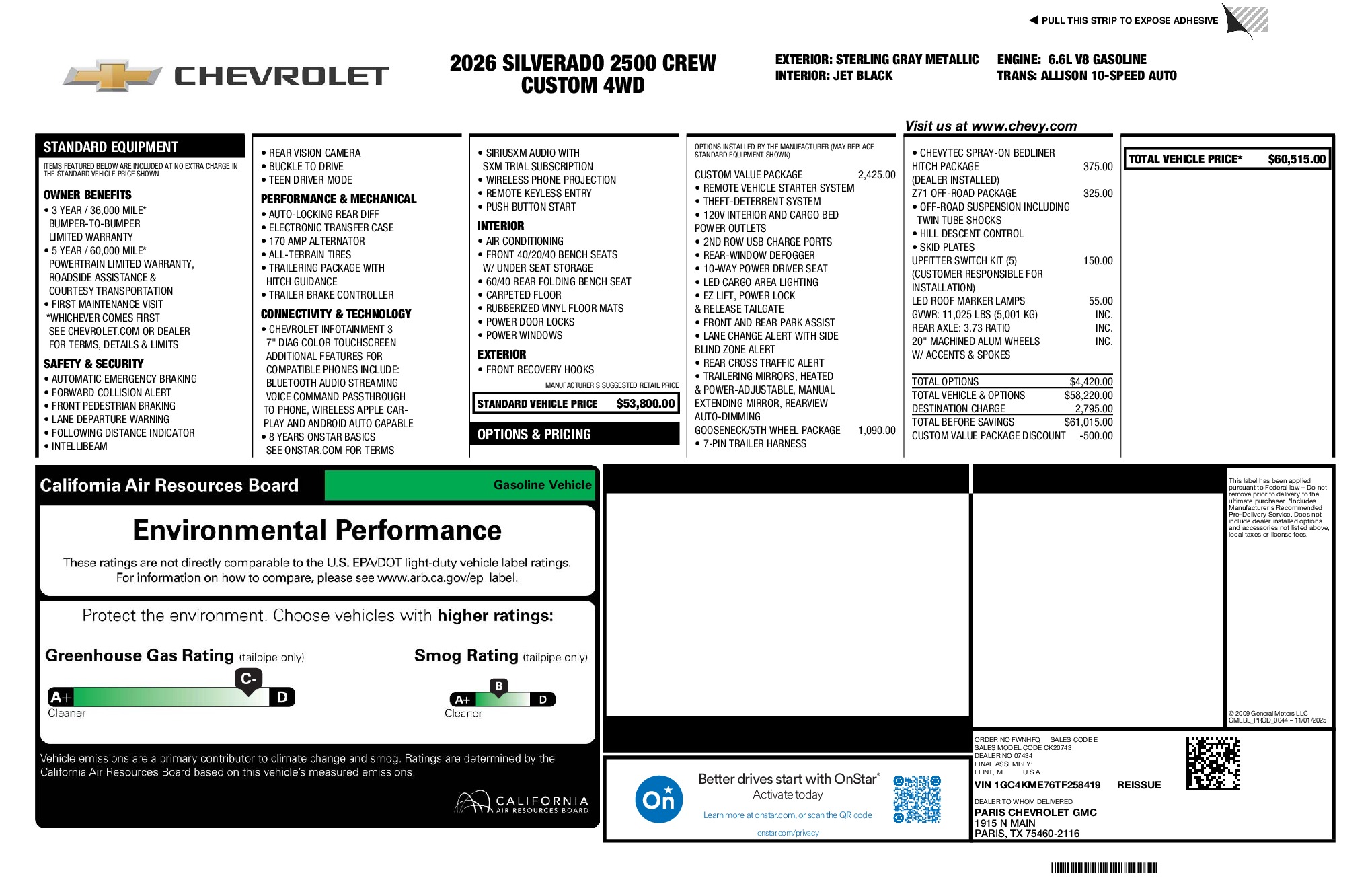 2026 Chevrolet Silverado 2500HD Custom window sticker