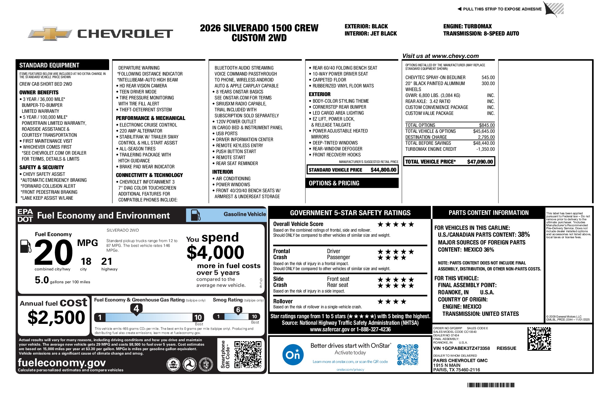 2026 Chevrolet Silverado 1500 Custom window sticker