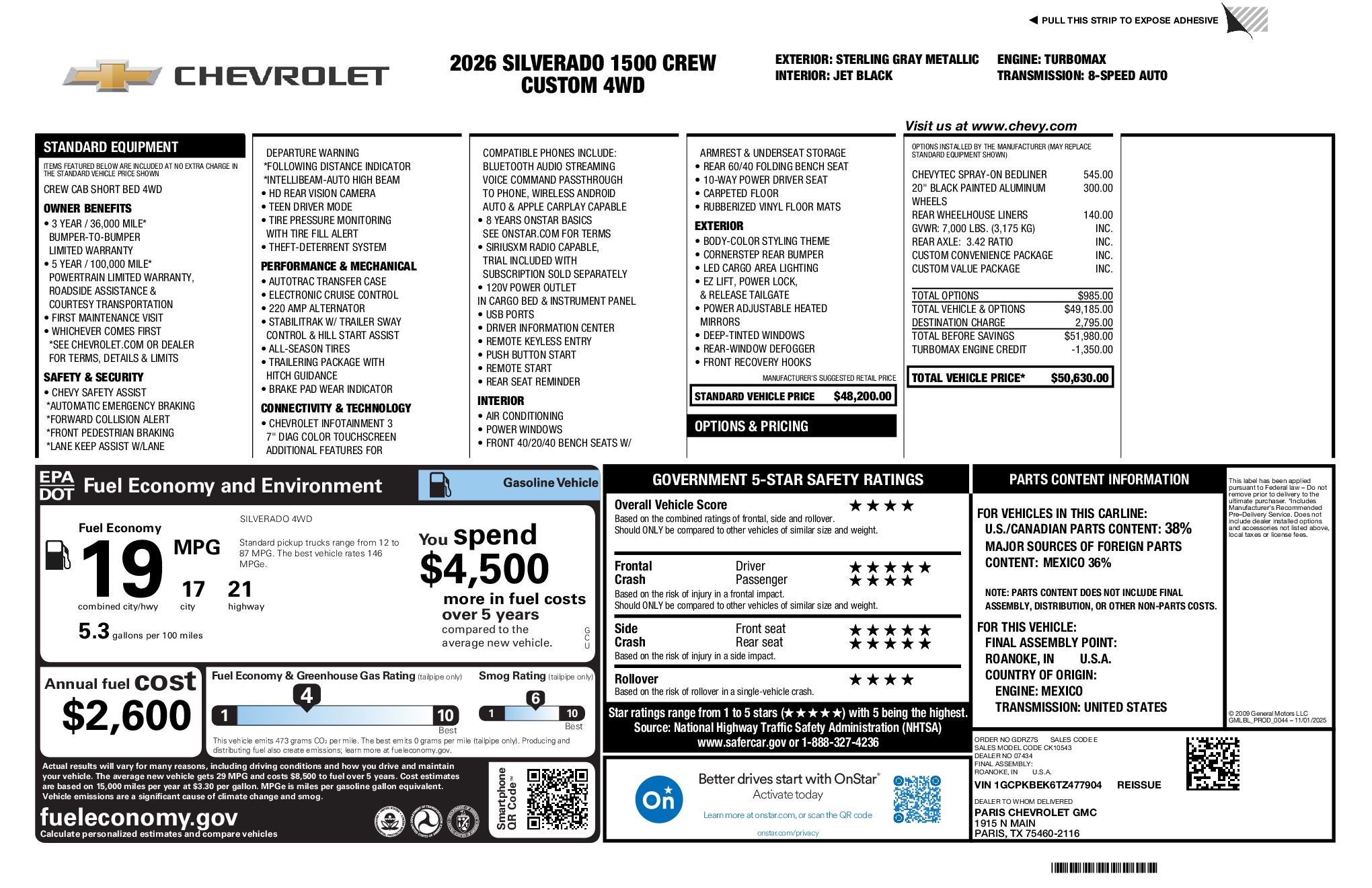 2026 Chevrolet Silverado 1500 Custom window sticker