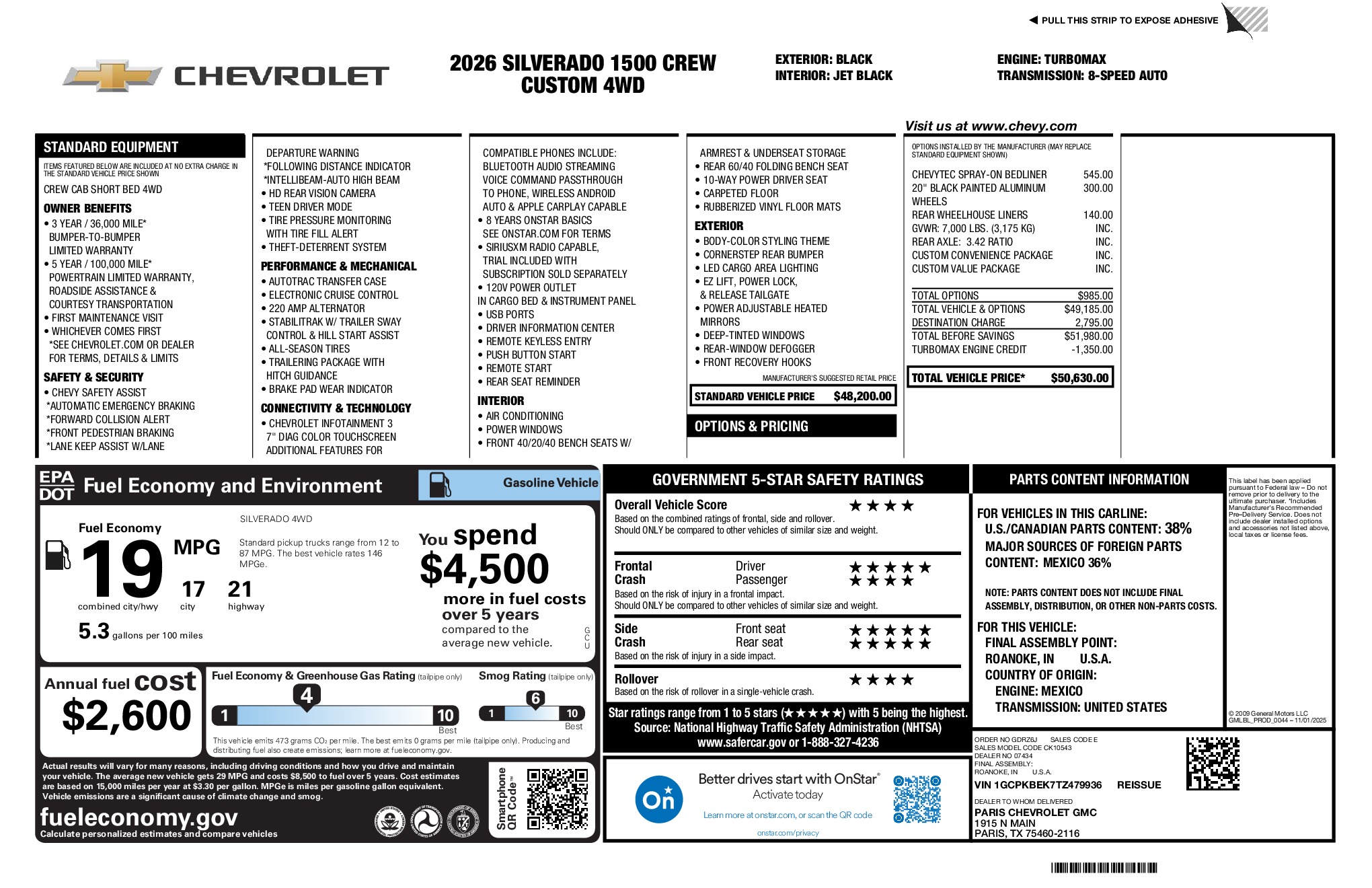 2026 Chevrolet Silverado 1500 Custom window sticker