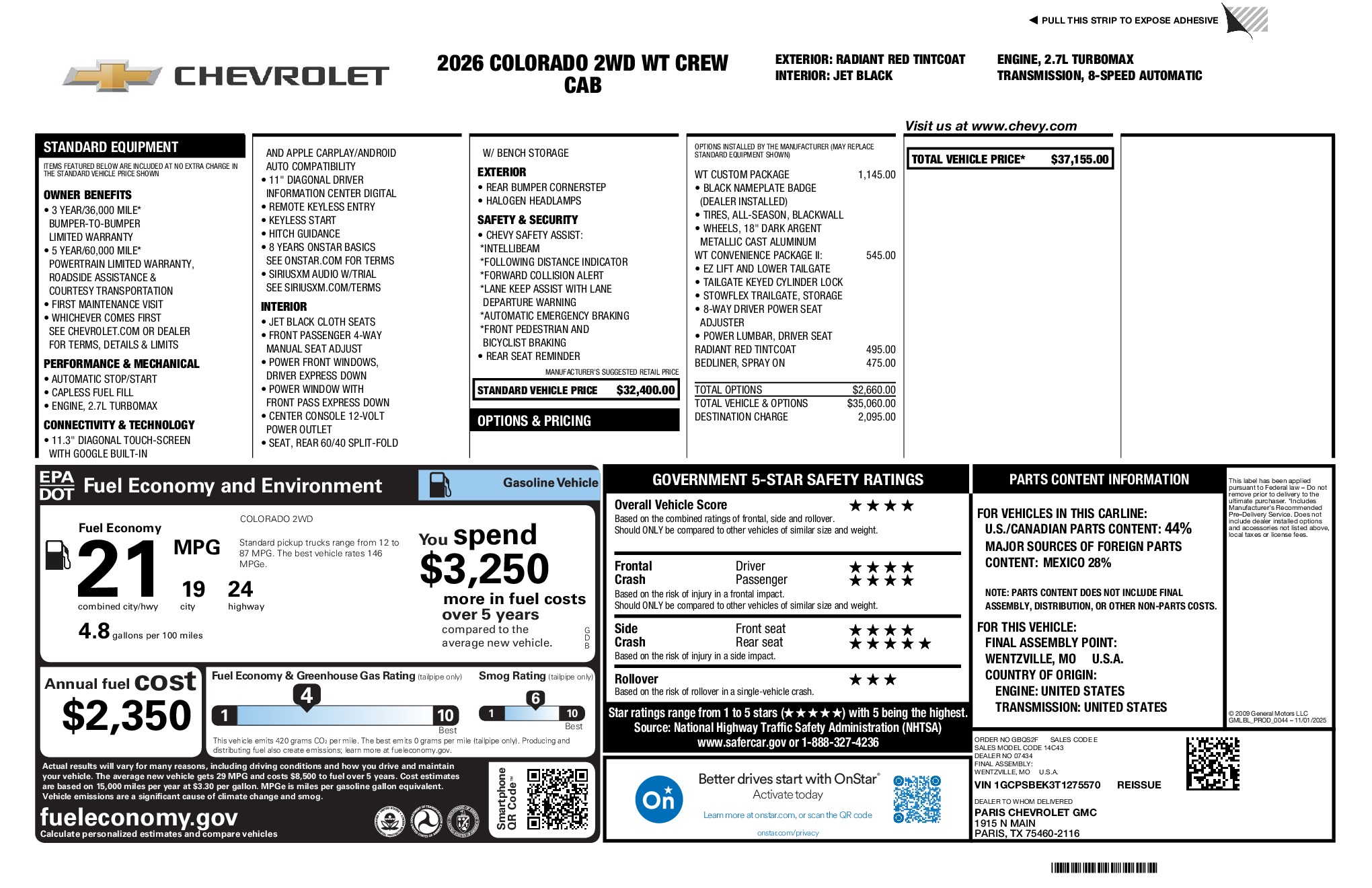 2026 Chevrolet Colorado Work Truck window sticker