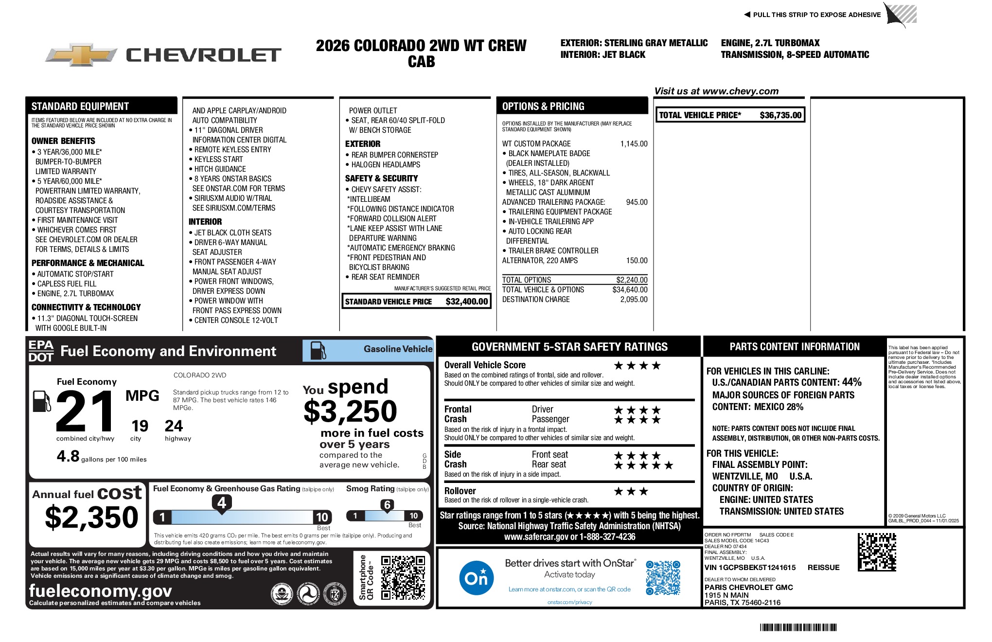 2026 Chevrolet Colorado Work Truck window sticker