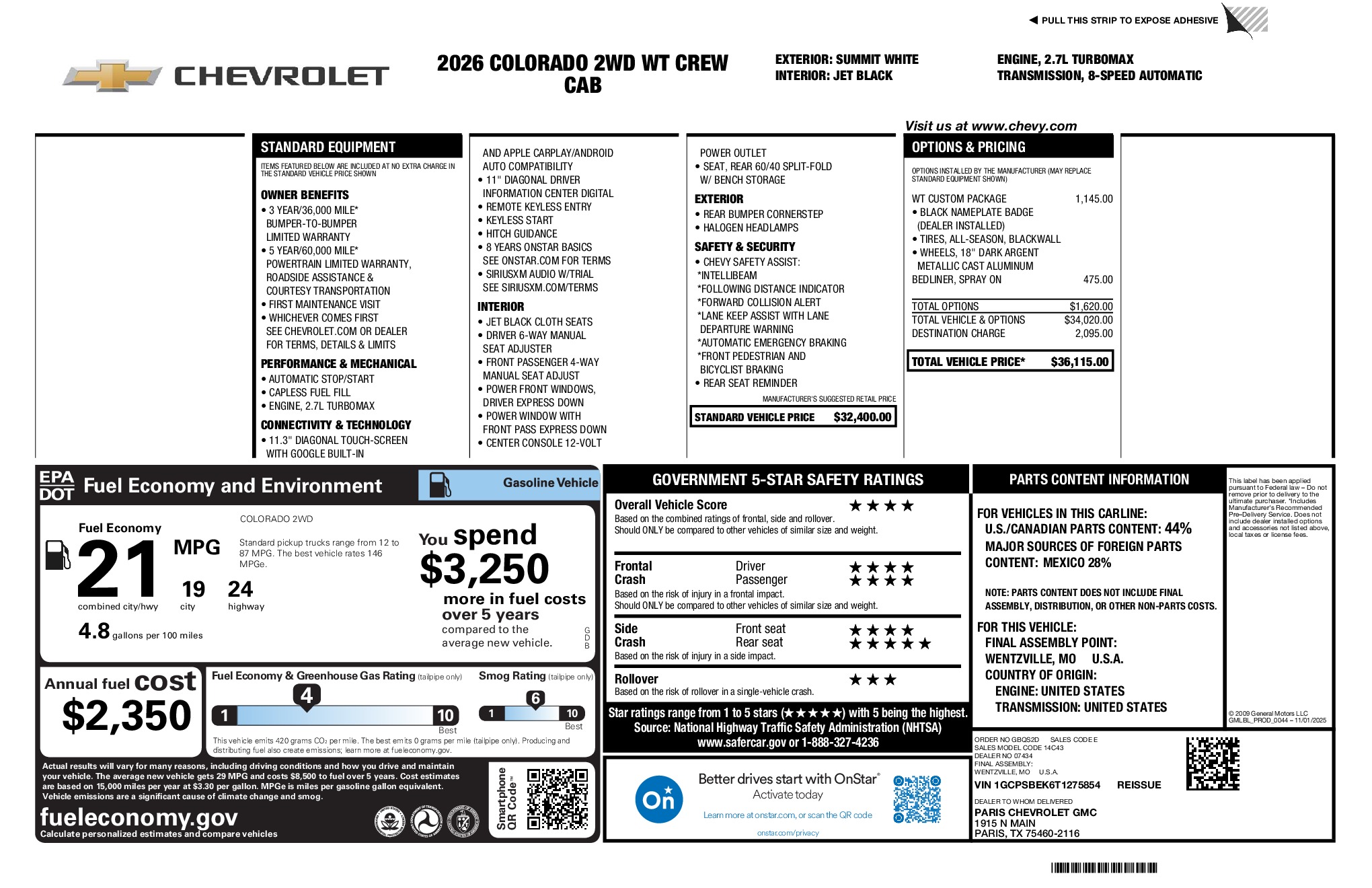 2026 Chevrolet Colorado Work Truck window sticker