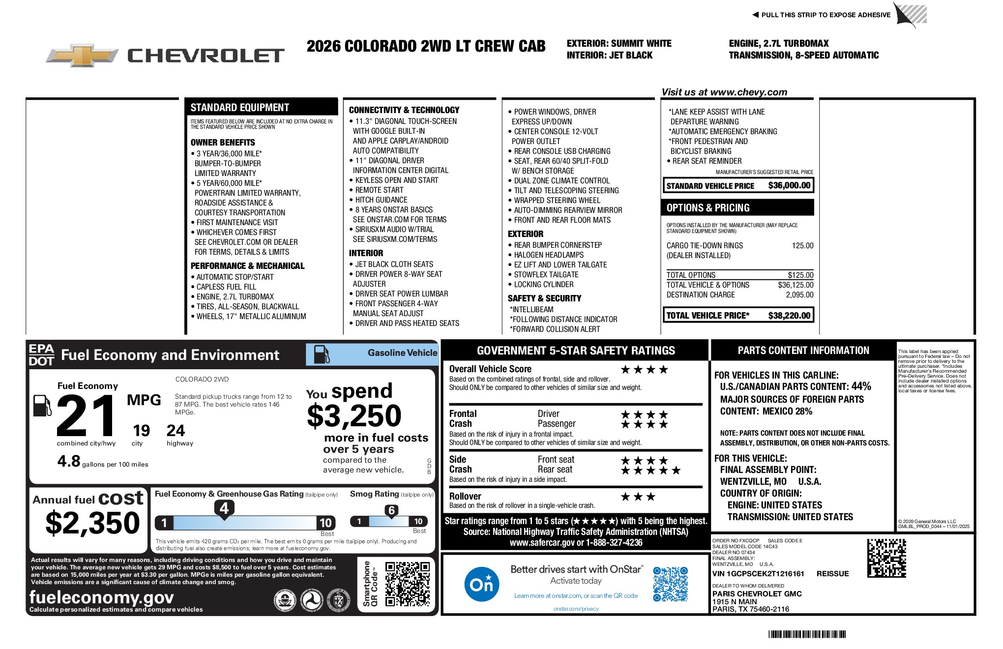 2026 Chevrolet Colorado LT window sticker