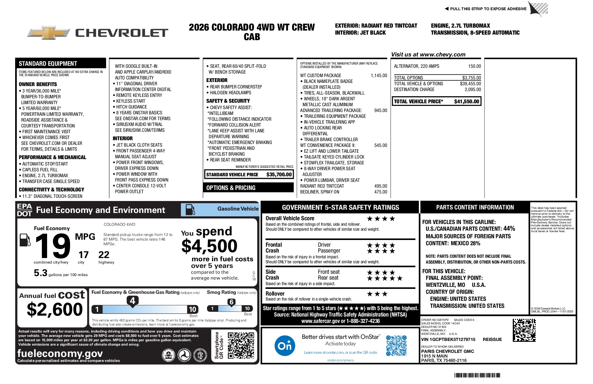 2026 Chevrolet Colorado Work Truck window sticker