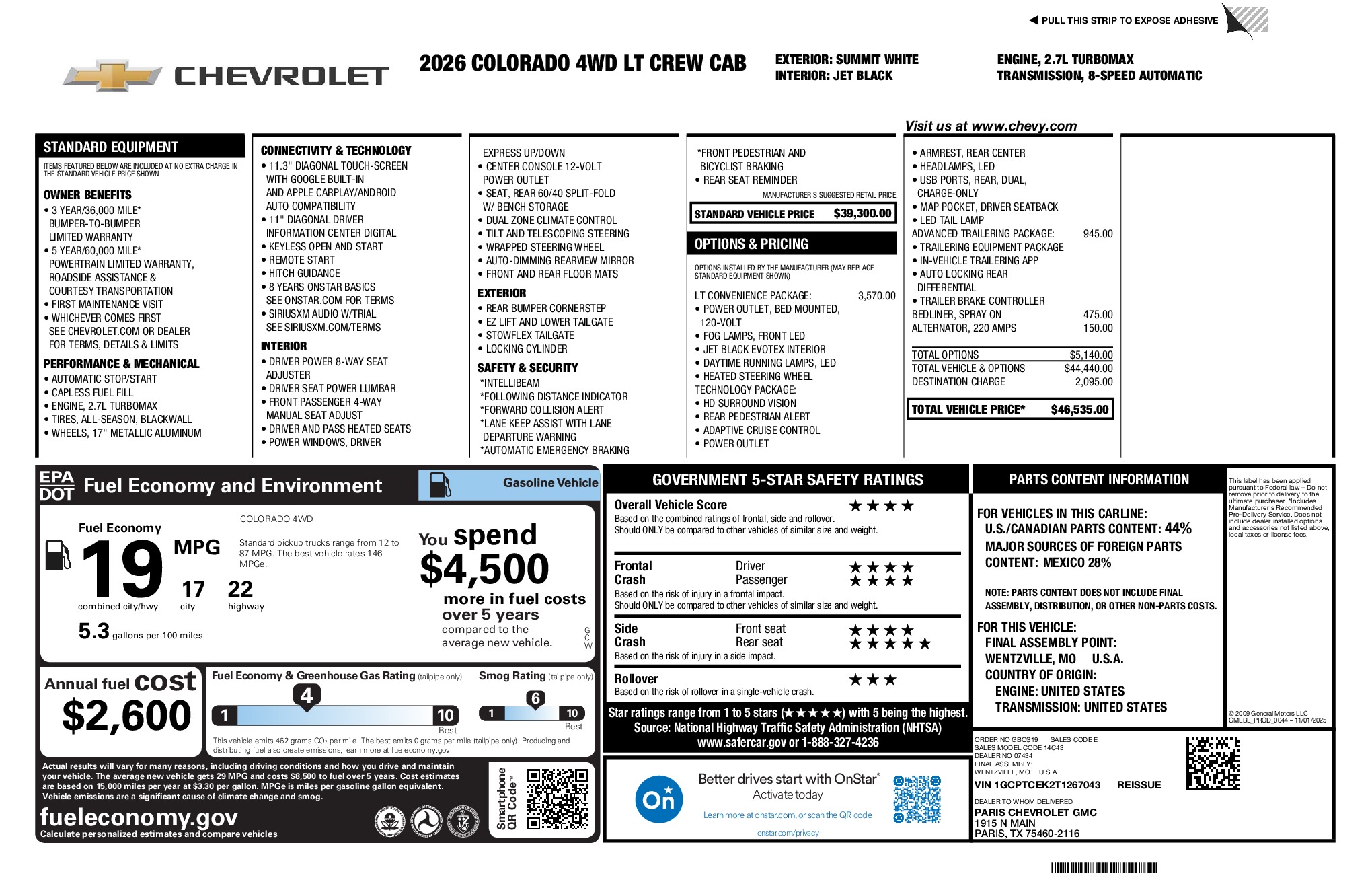 2026 Chevrolet Colorado LT window sticker
