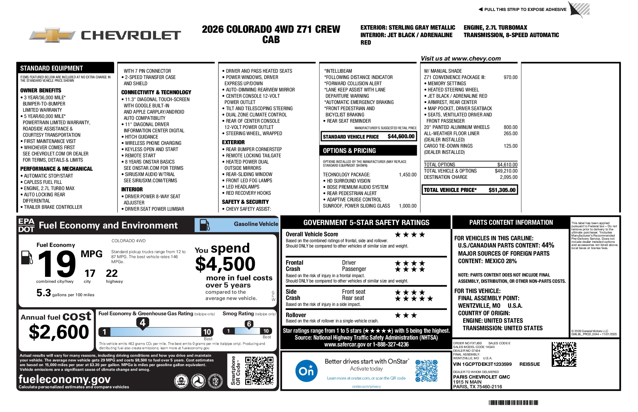 2026 Chevrolet Colorado Z71 window sticker