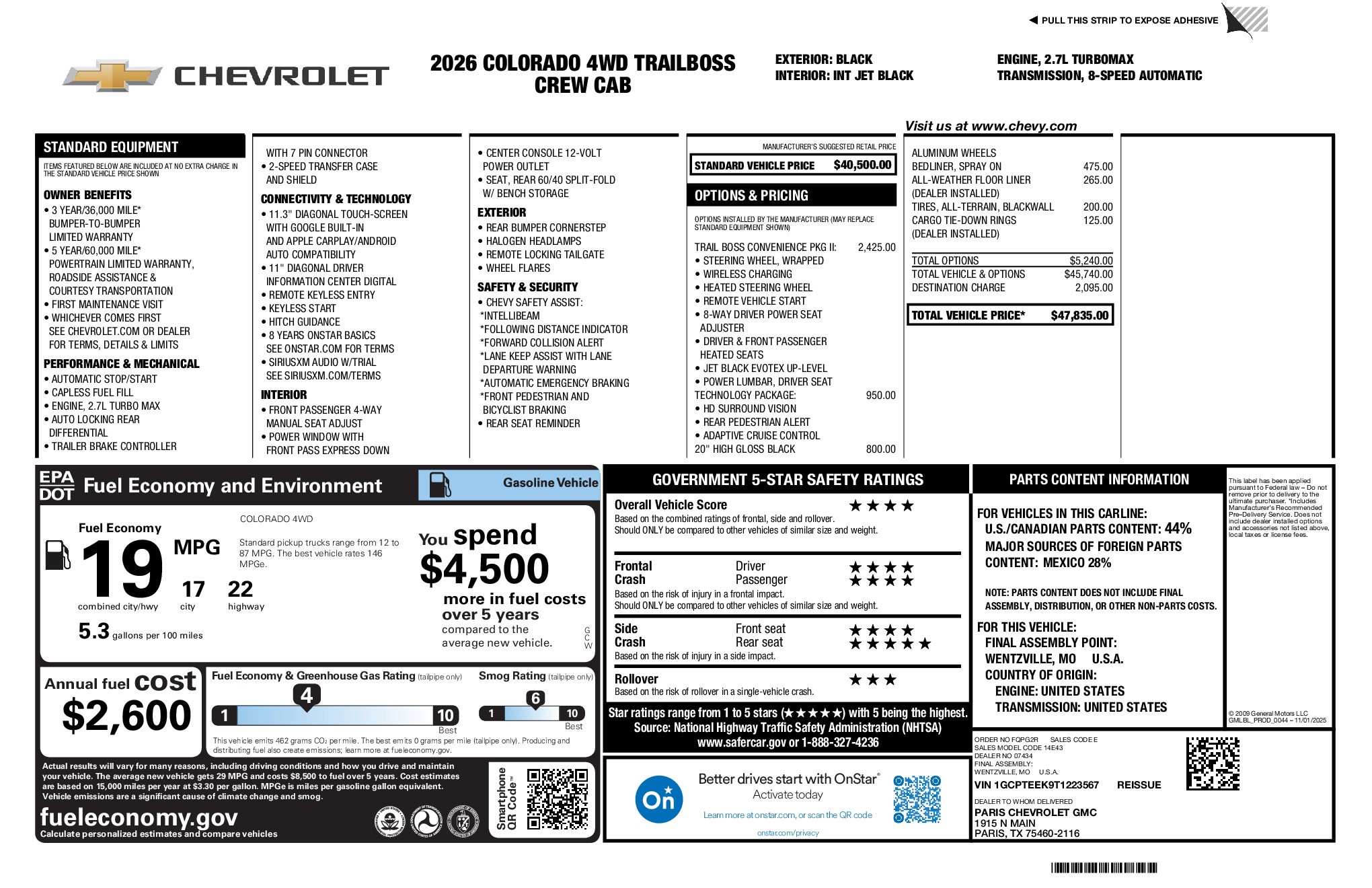 2026 Chevrolet Colorado Trail Boss window sticker