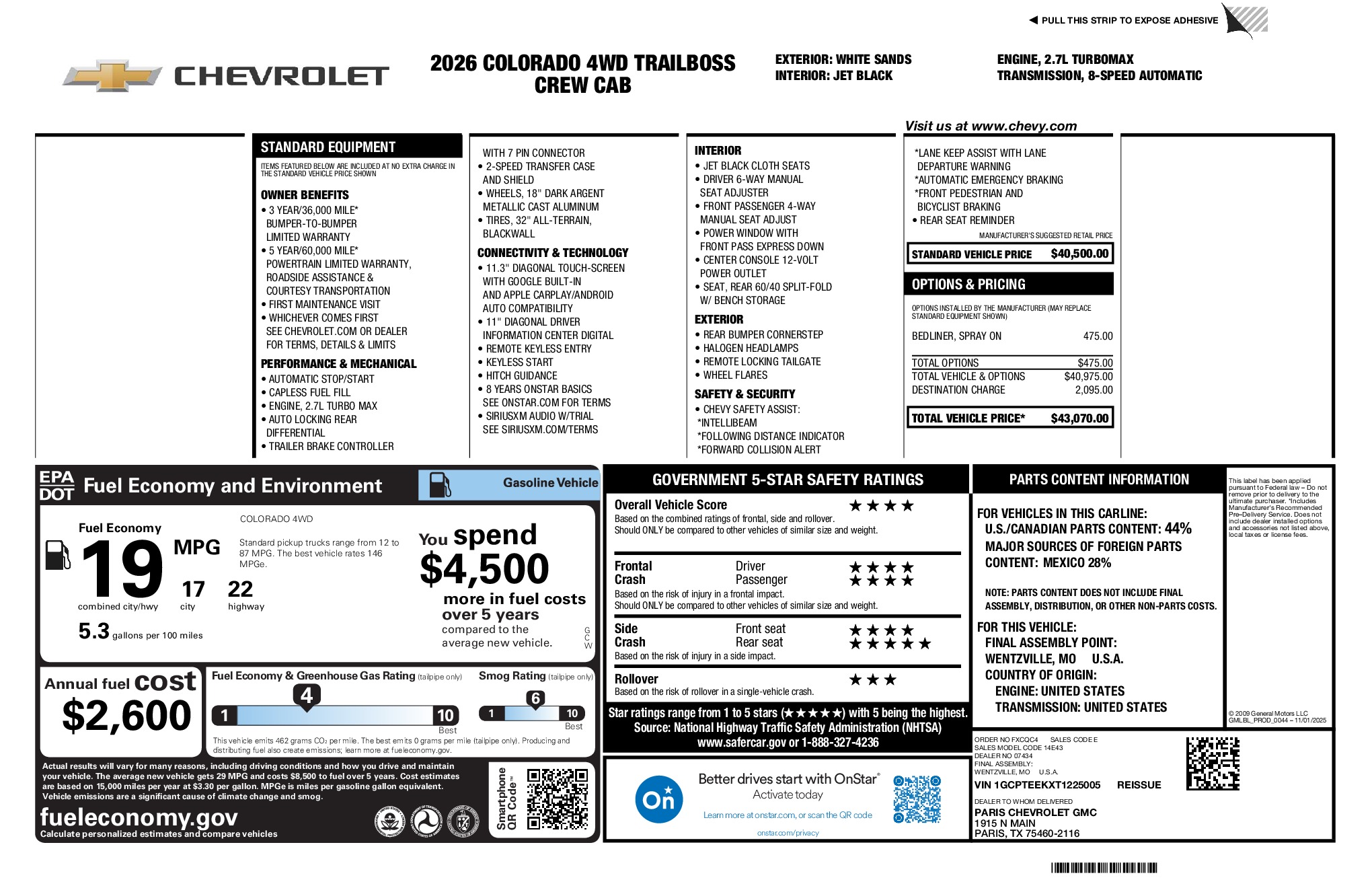 2026 Chevrolet Colorado Trail Boss window sticker