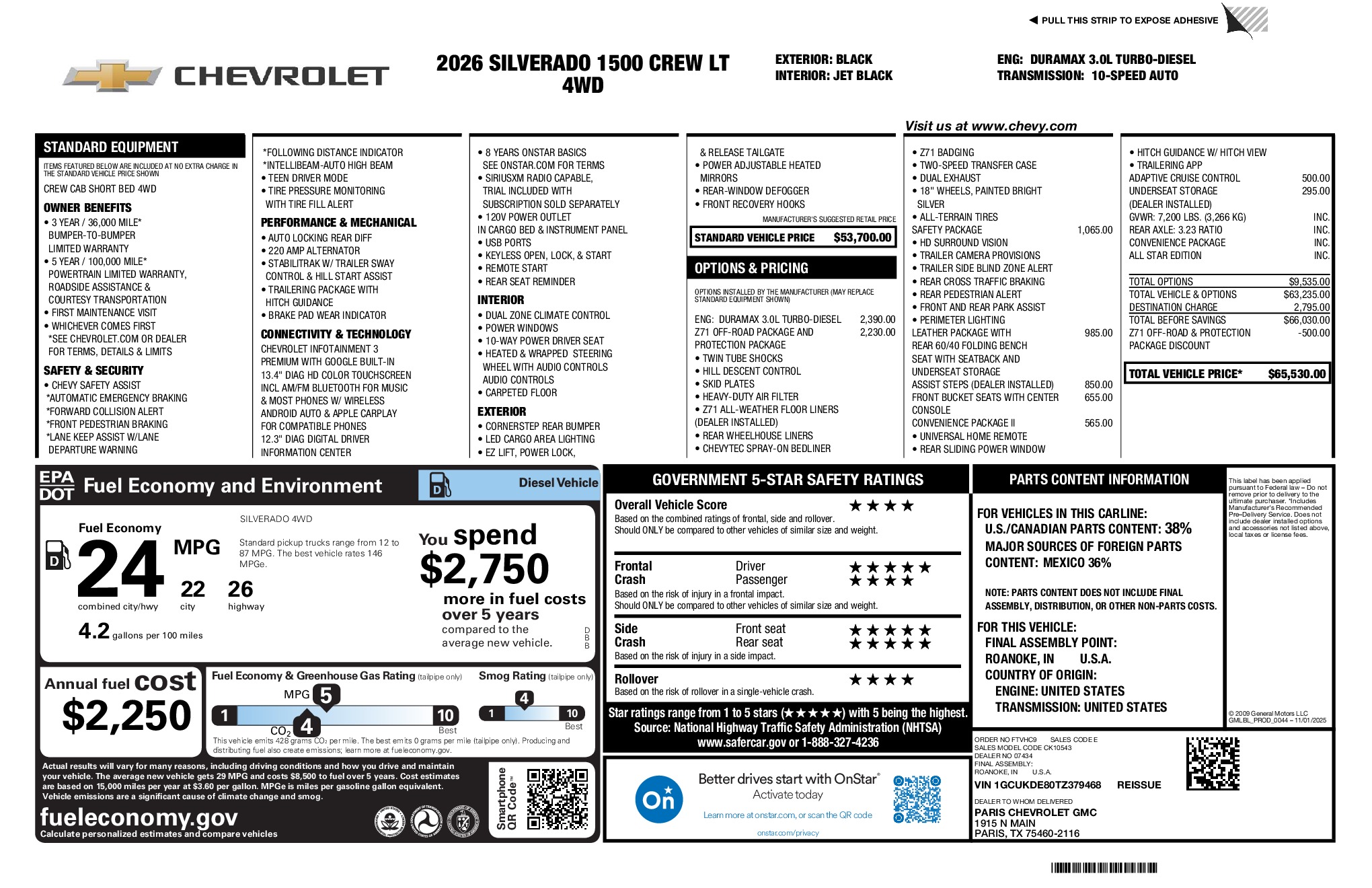 2026 Chevrolet Silverado 1500 LT window sticker