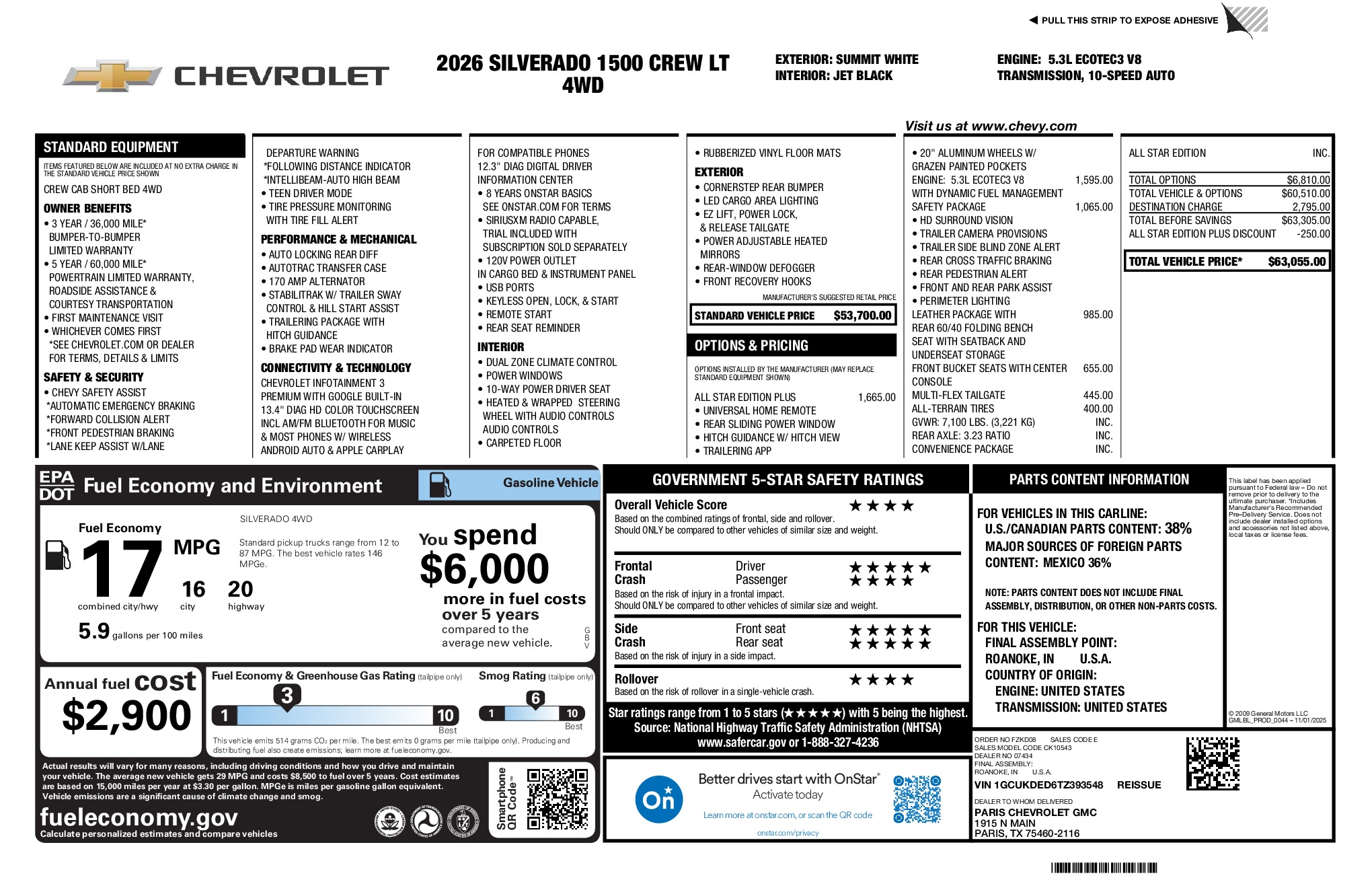 2026 Chevrolet Silverado 1500 LT window sticker