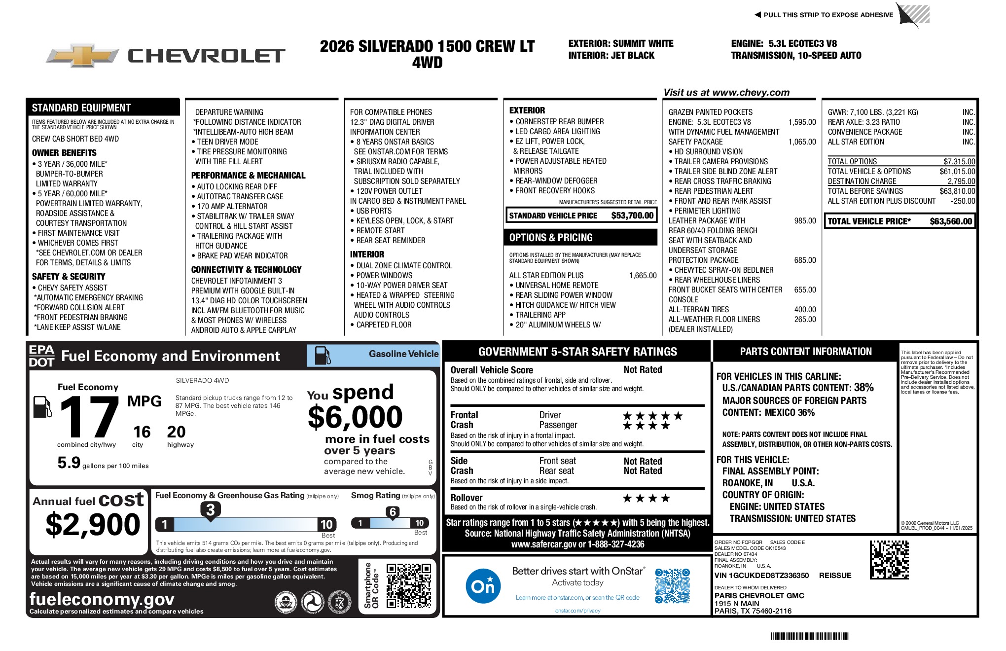 2026 Chevrolet Silverado 1500 LT window sticker