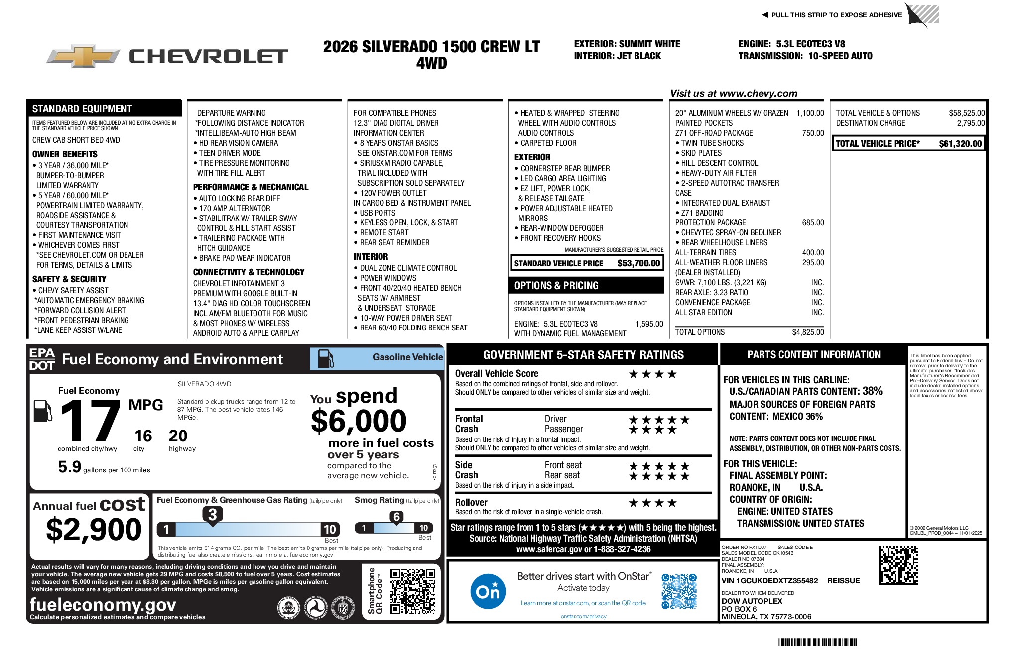 2026 Chevrolet Silverado 1500 LT window sticker