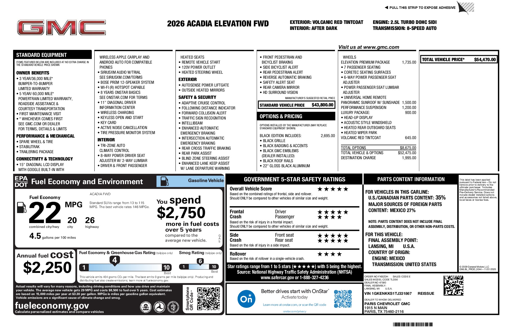 2026 GMC Acadia Elevation window sticker