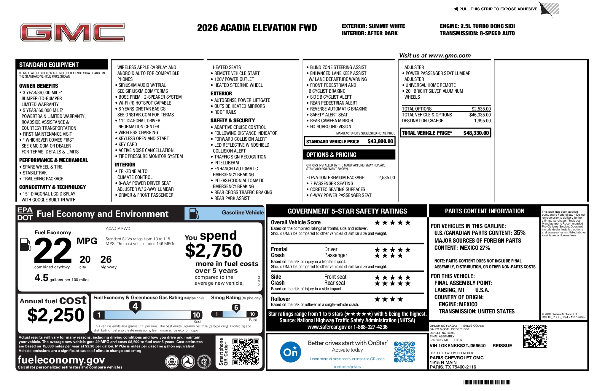 2026 GMC Acadia Elevation window sticker