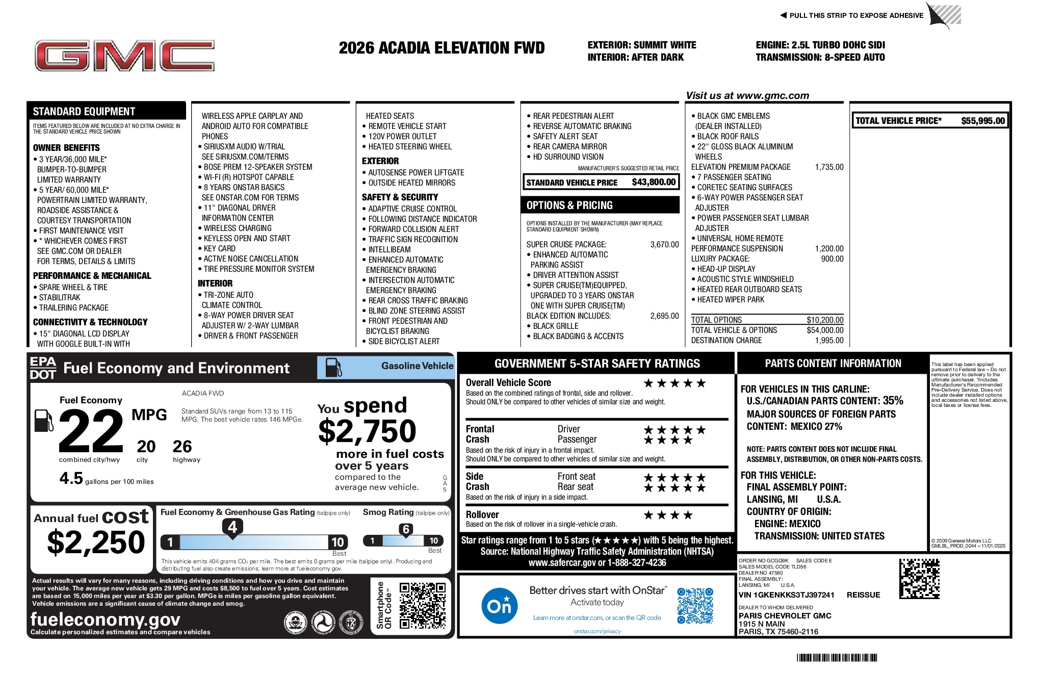2026 GMC Acadia Elevation window sticker