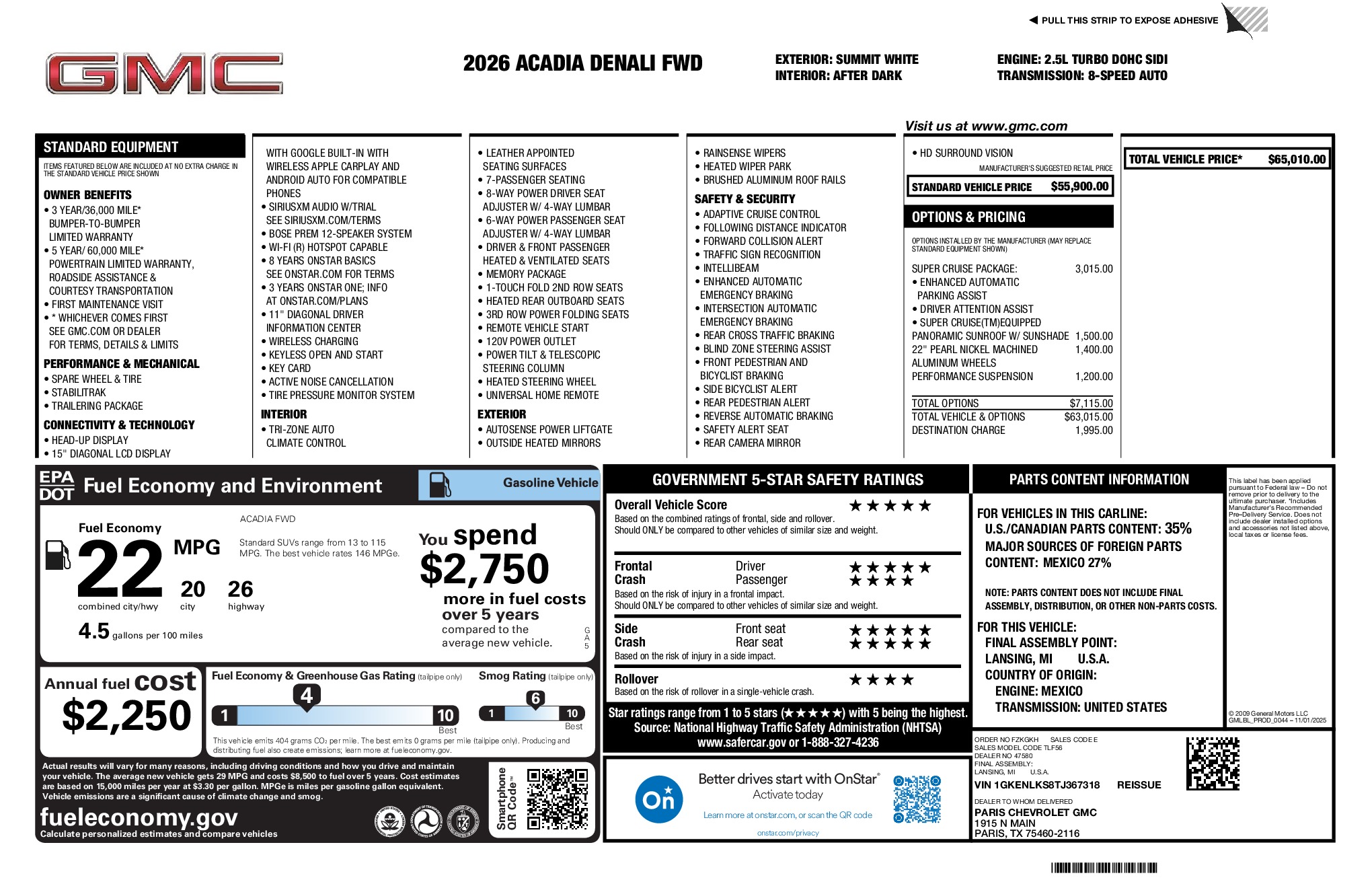 2026 GMC Acadia Denali window sticker