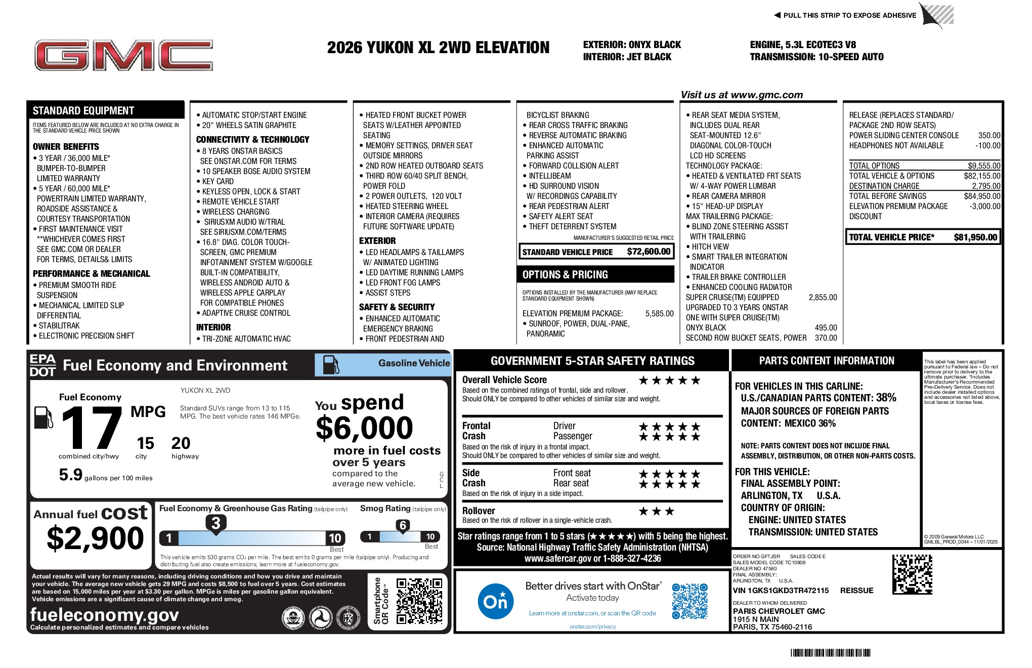 2026 GMC Yukon XL Elevation window sticker