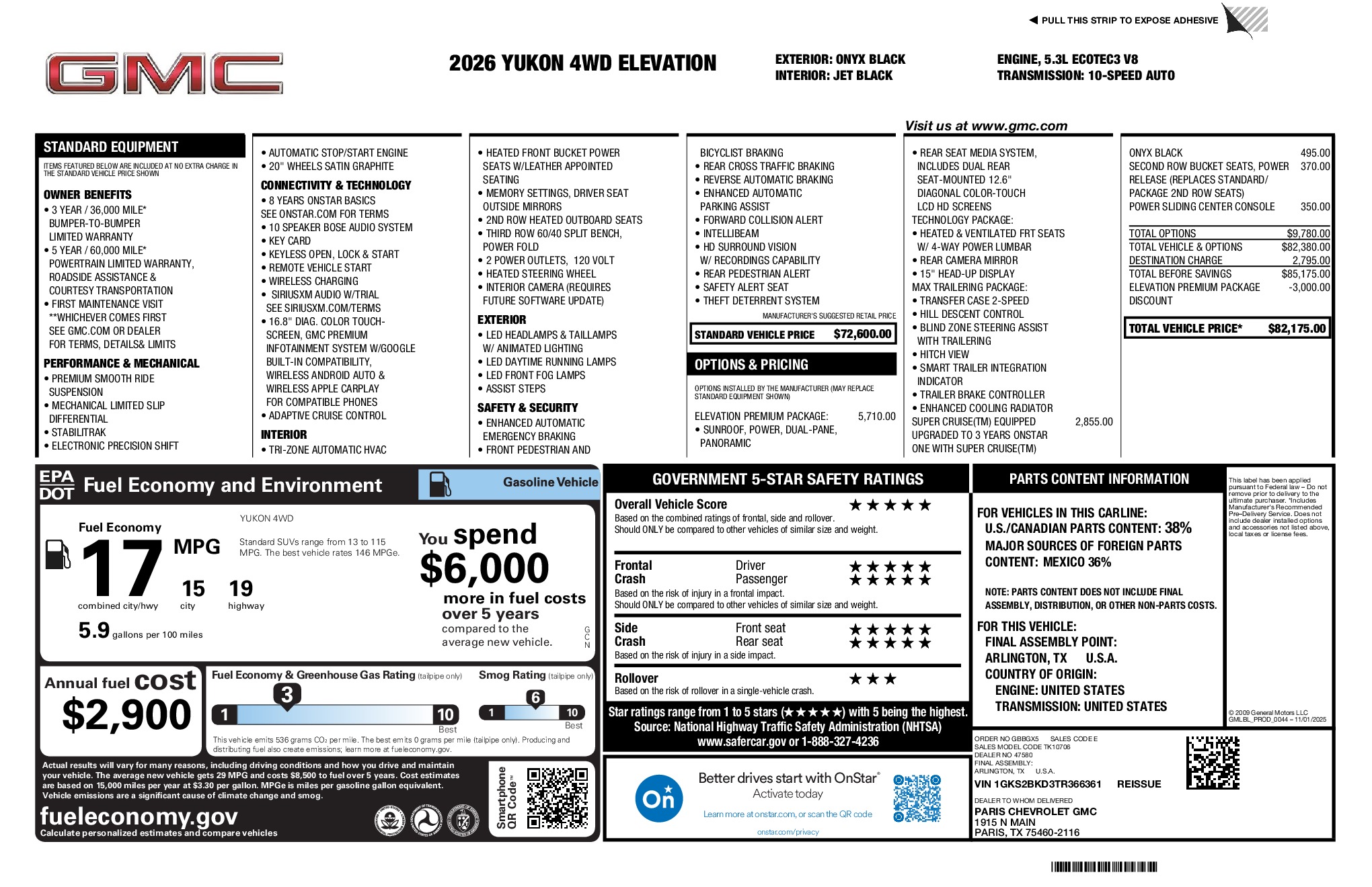 2026 GMC Yukon Elevation window sticker