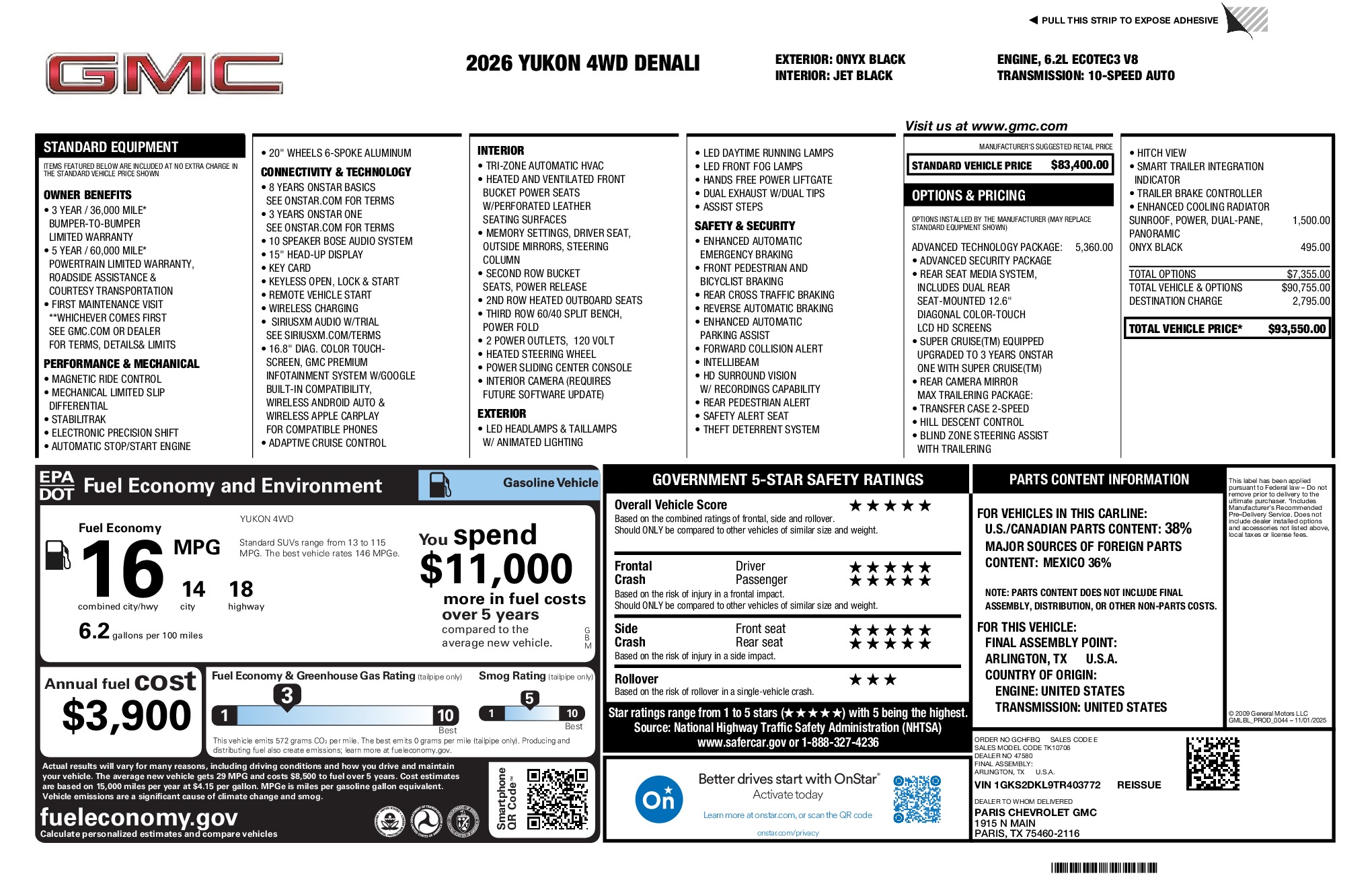 2026 GMC Yukon Denali window sticker