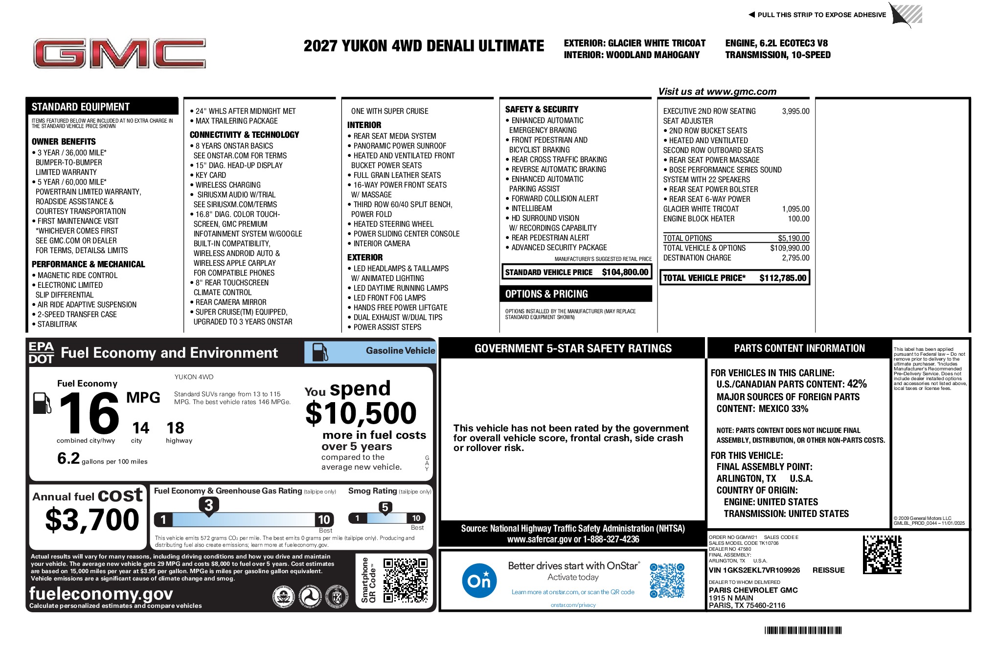 2027 GMC Yukon Denali Ultimate window sticker