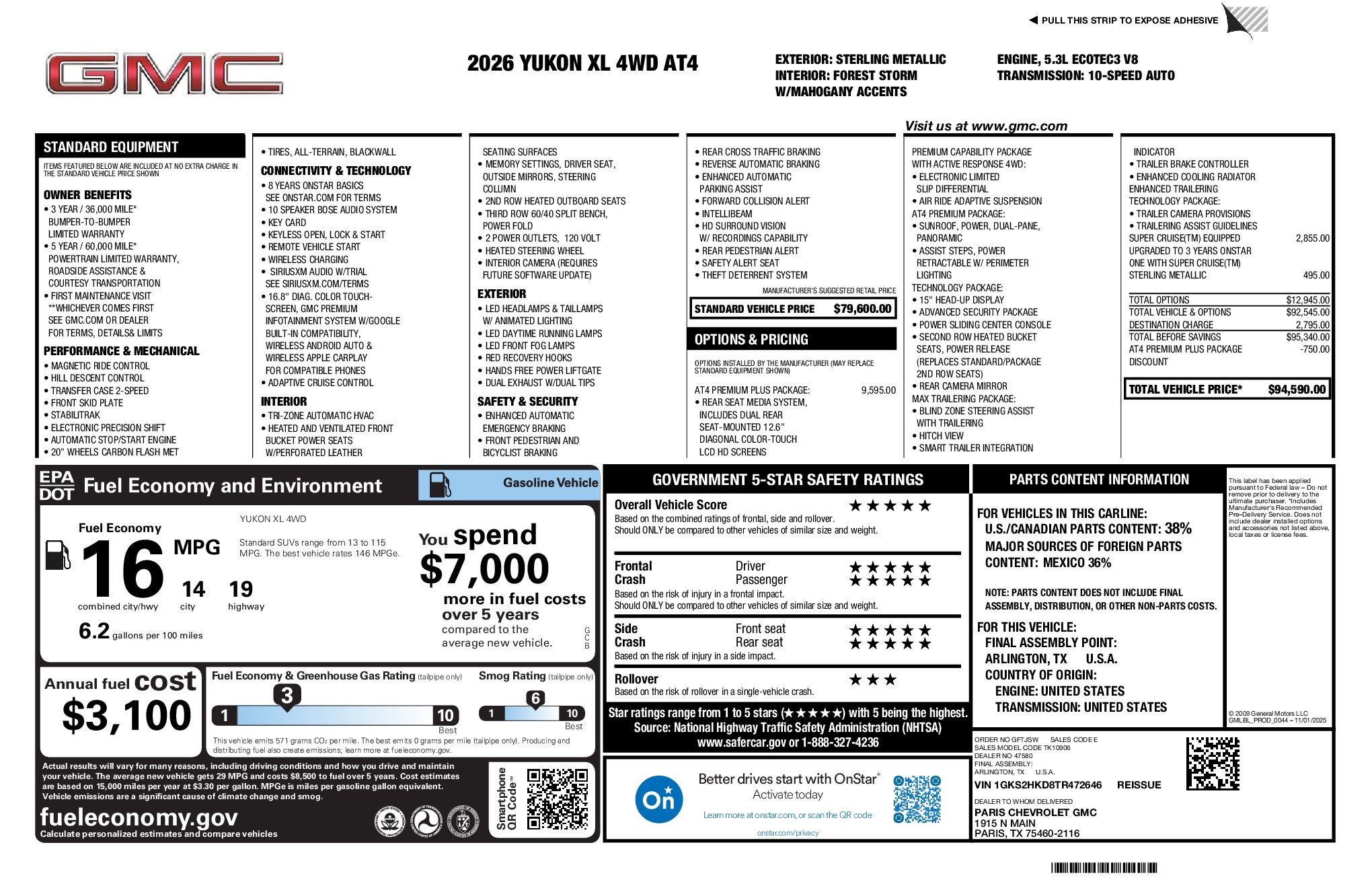 2026 GMC Yukon XL AT4 window sticker