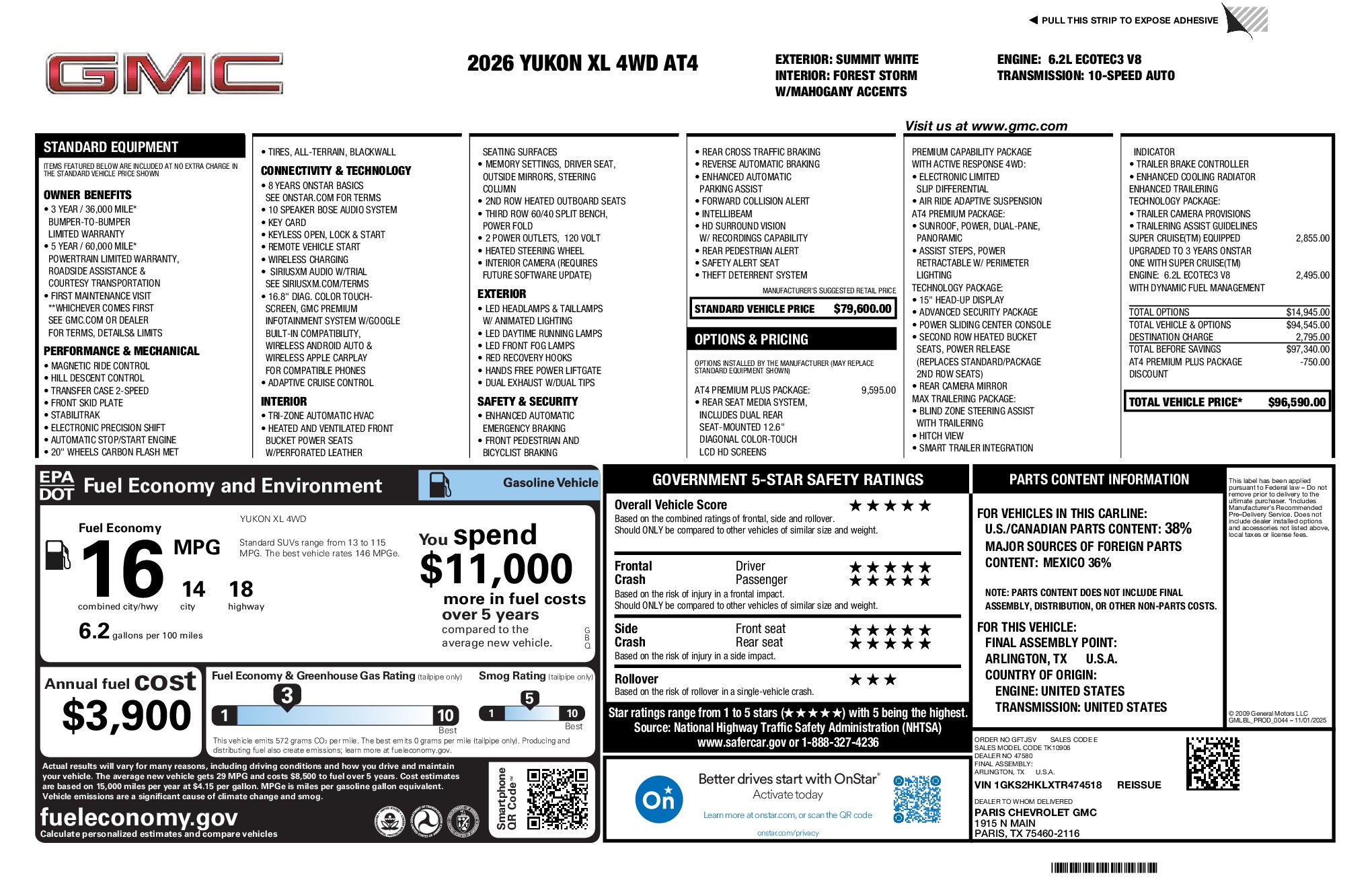 2026 GMC Yukon XL AT4 window sticker