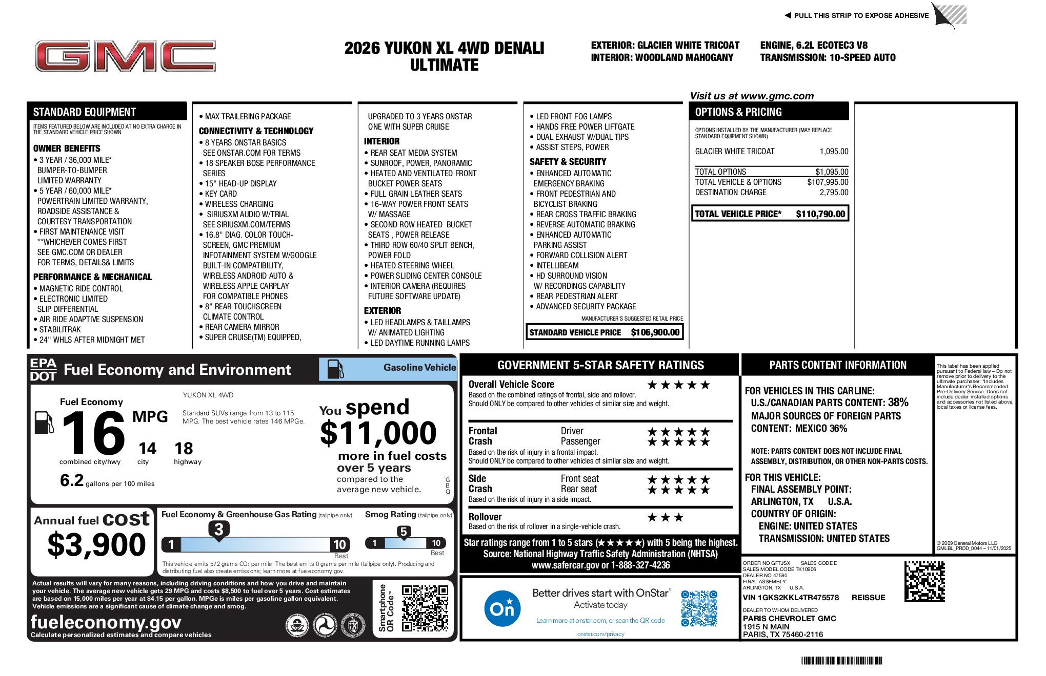 2026 GMC Yukon XL Denali Ultimate window sticker