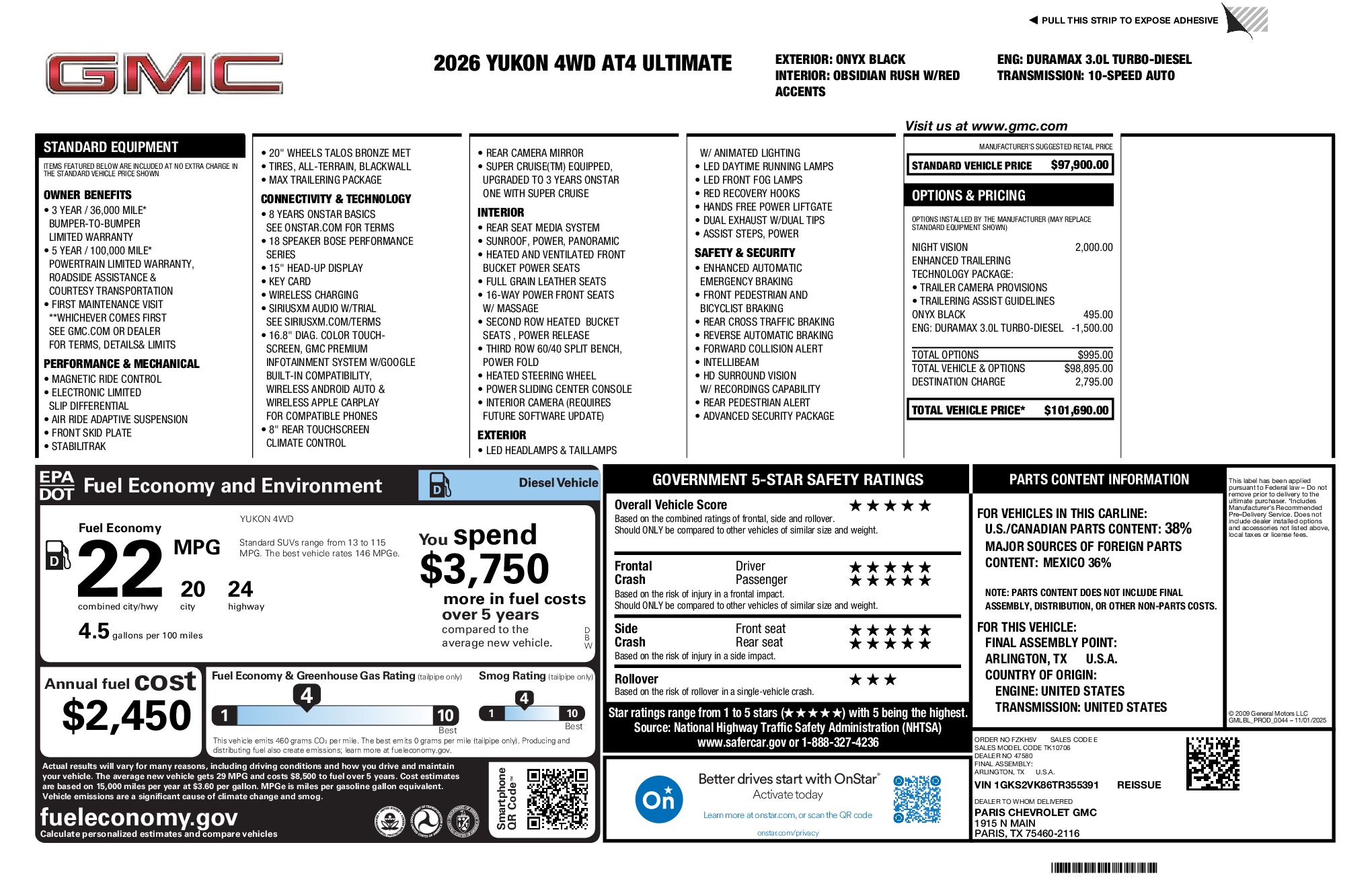 2026 GMC Yukon AT4 Ultimate window sticker