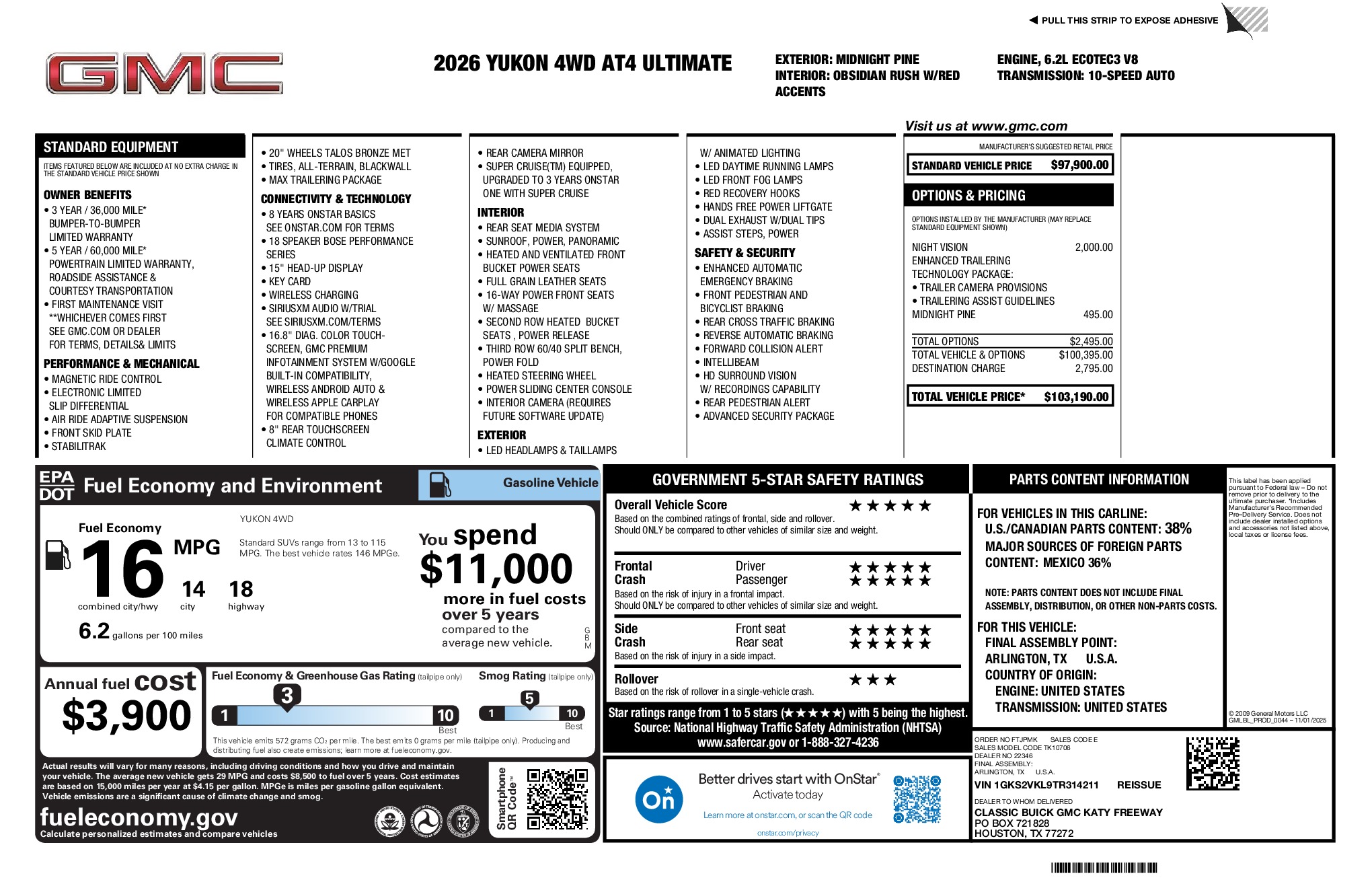 2026 GMC Yukon AT4 Ultimate window sticker