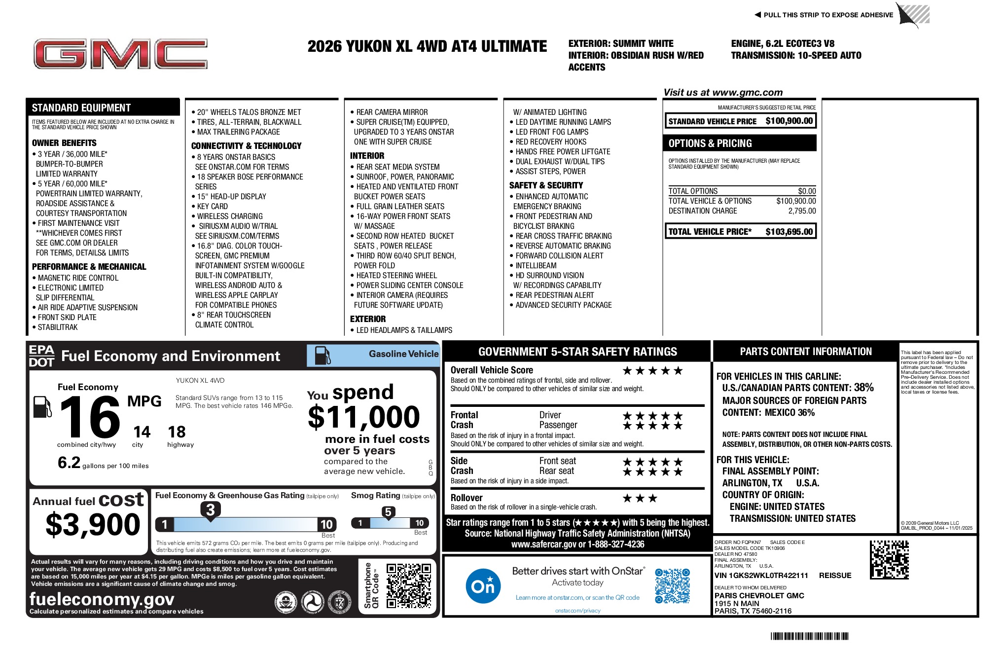 2026 GMC Yukon XL AT4 Ultimate window sticker