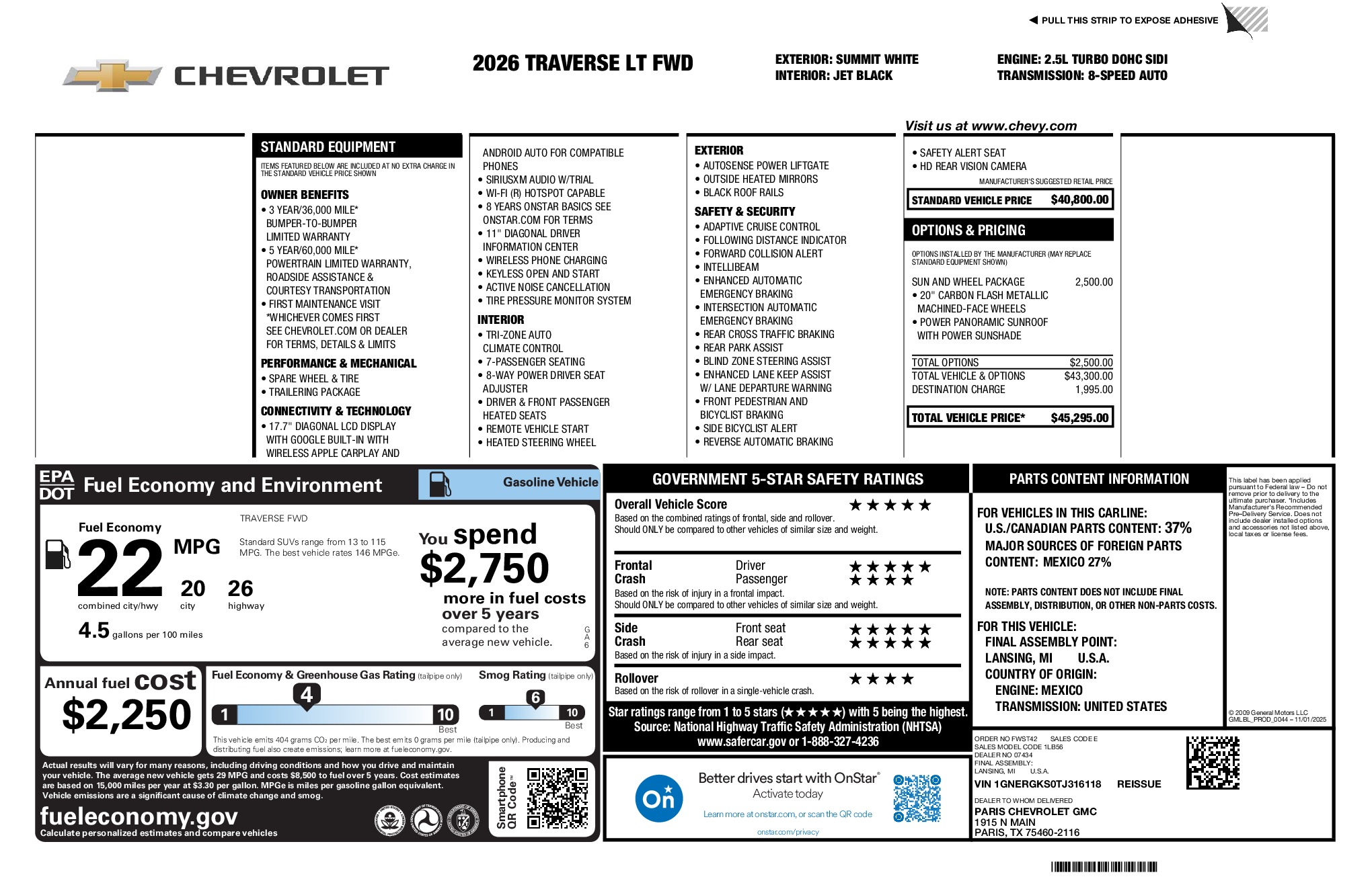 2026 Chevrolet Traverse LT window sticker