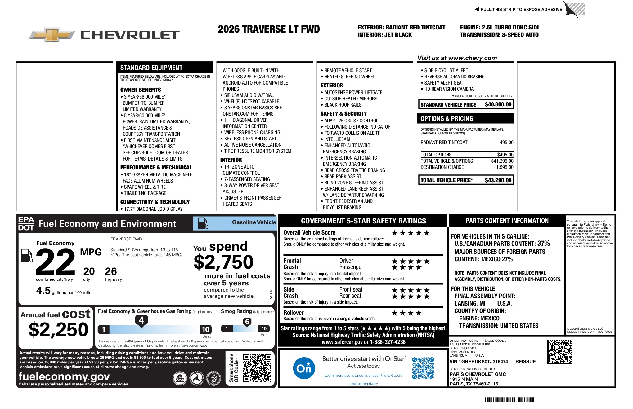 2026 Chevrolet Traverse LT window sticker