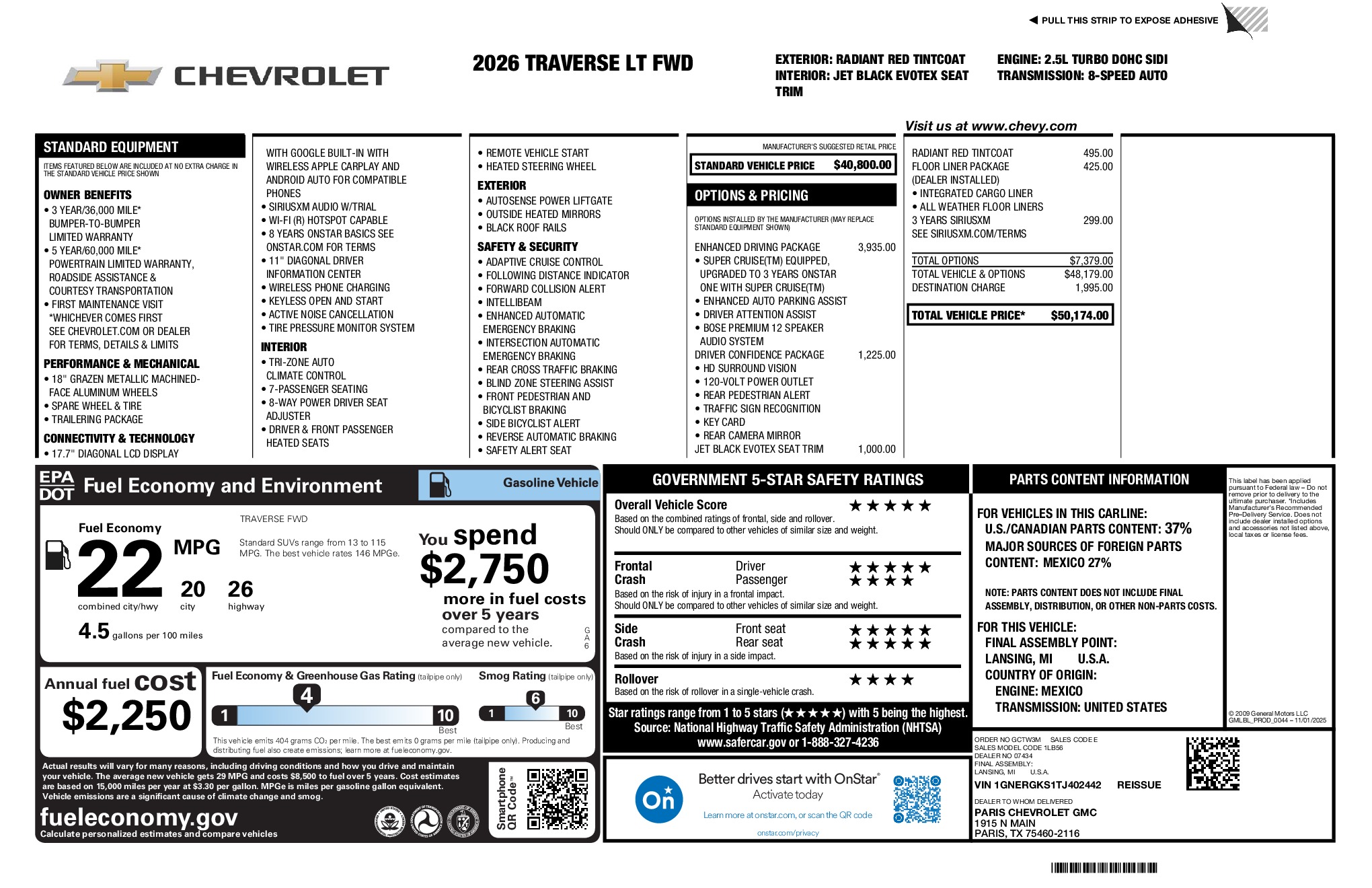 2026 Chevrolet Traverse LT window sticker