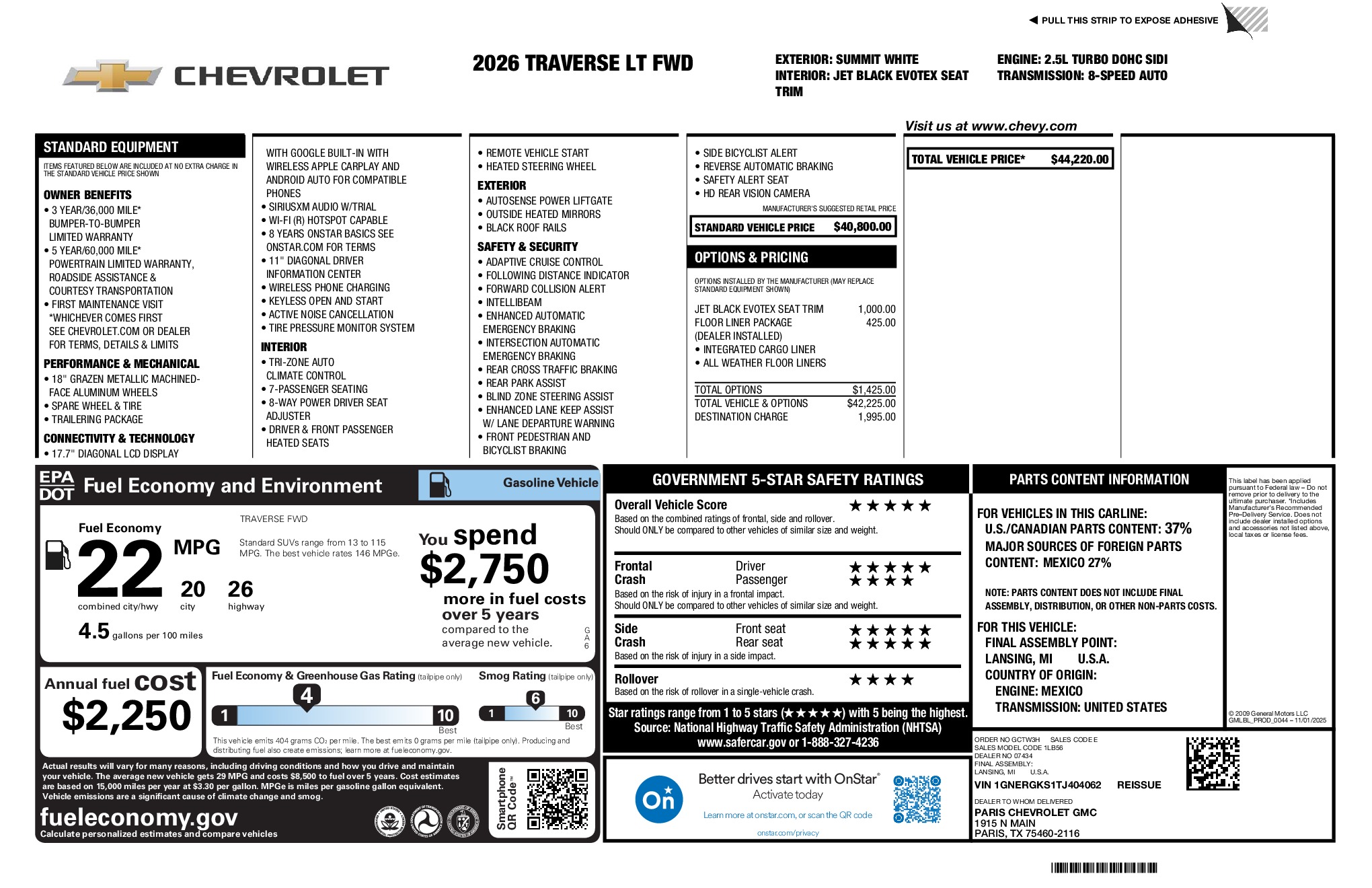 2026 Chevrolet Traverse LT window sticker