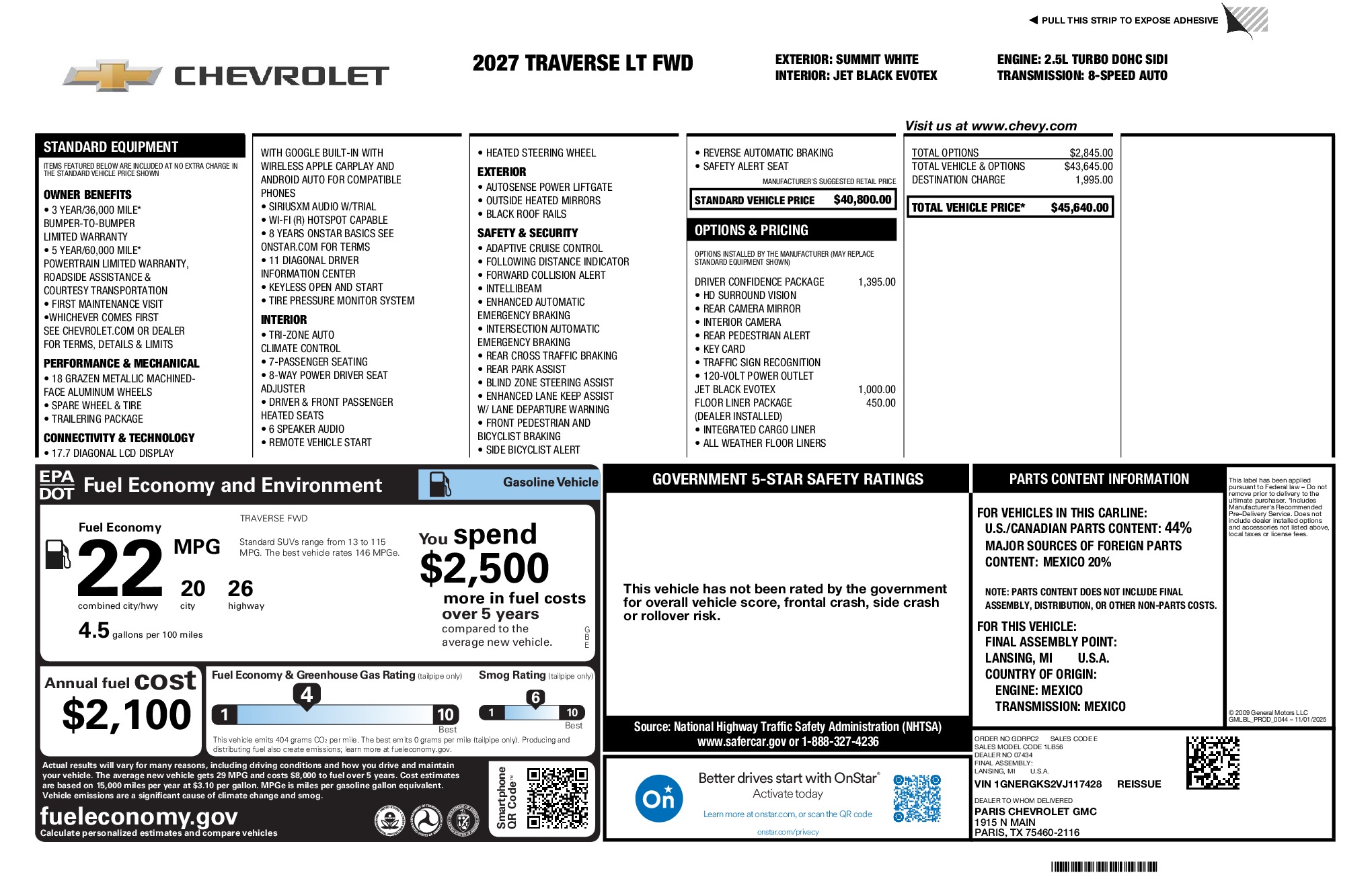 2027 Chevrolet Traverse LT window sticker