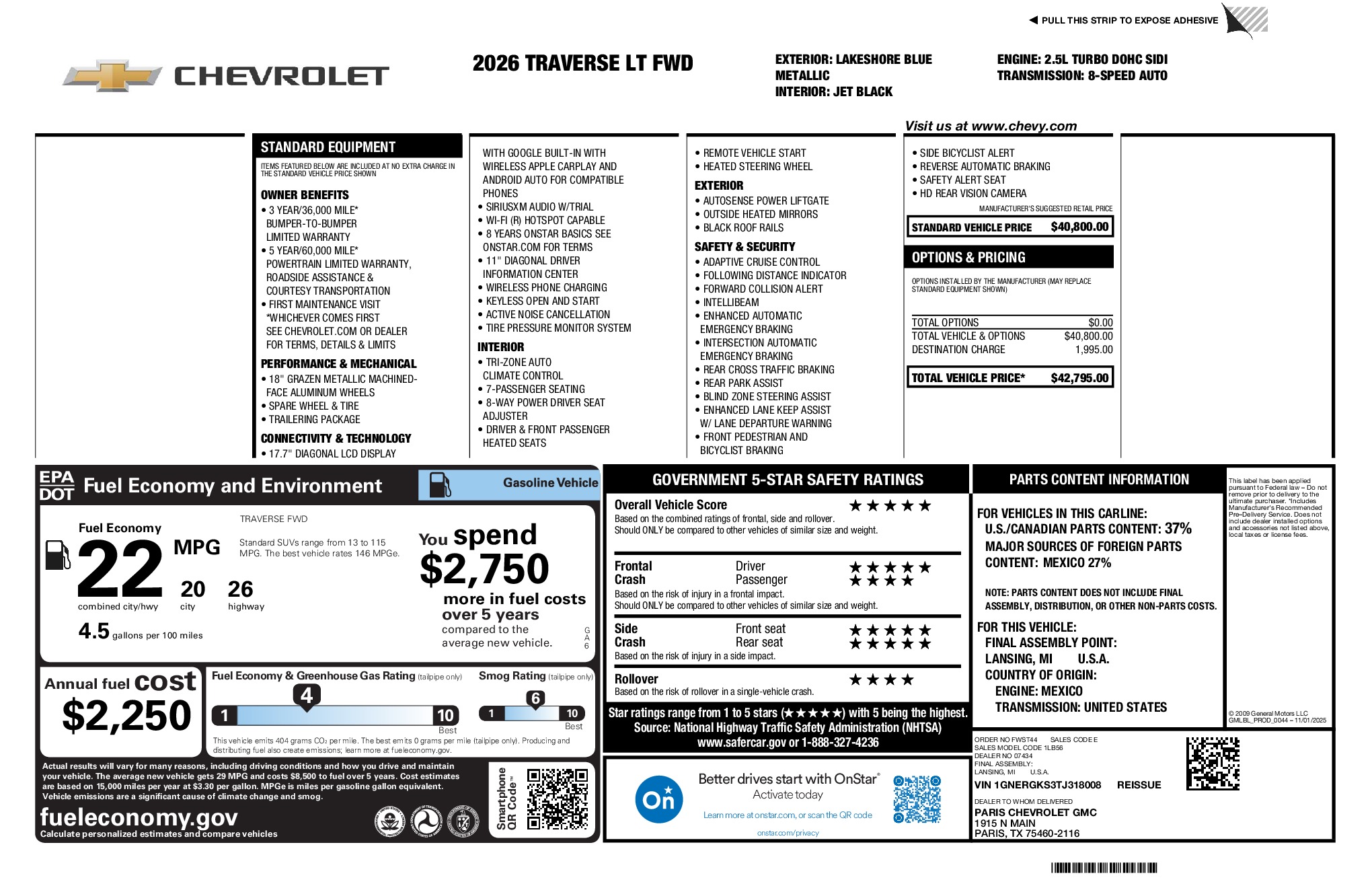 2026 Chevrolet Traverse LT window sticker