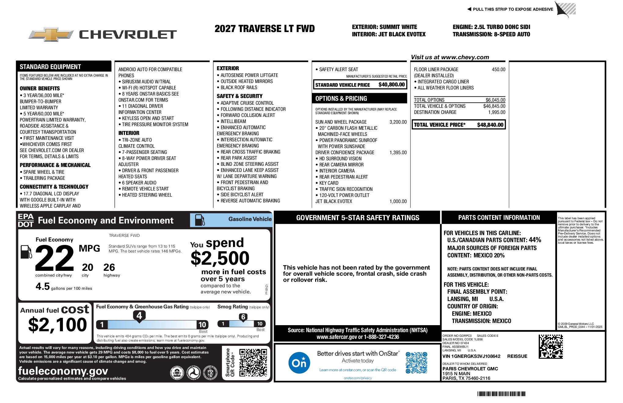 2027 Chevrolet Traverse LT window sticker
