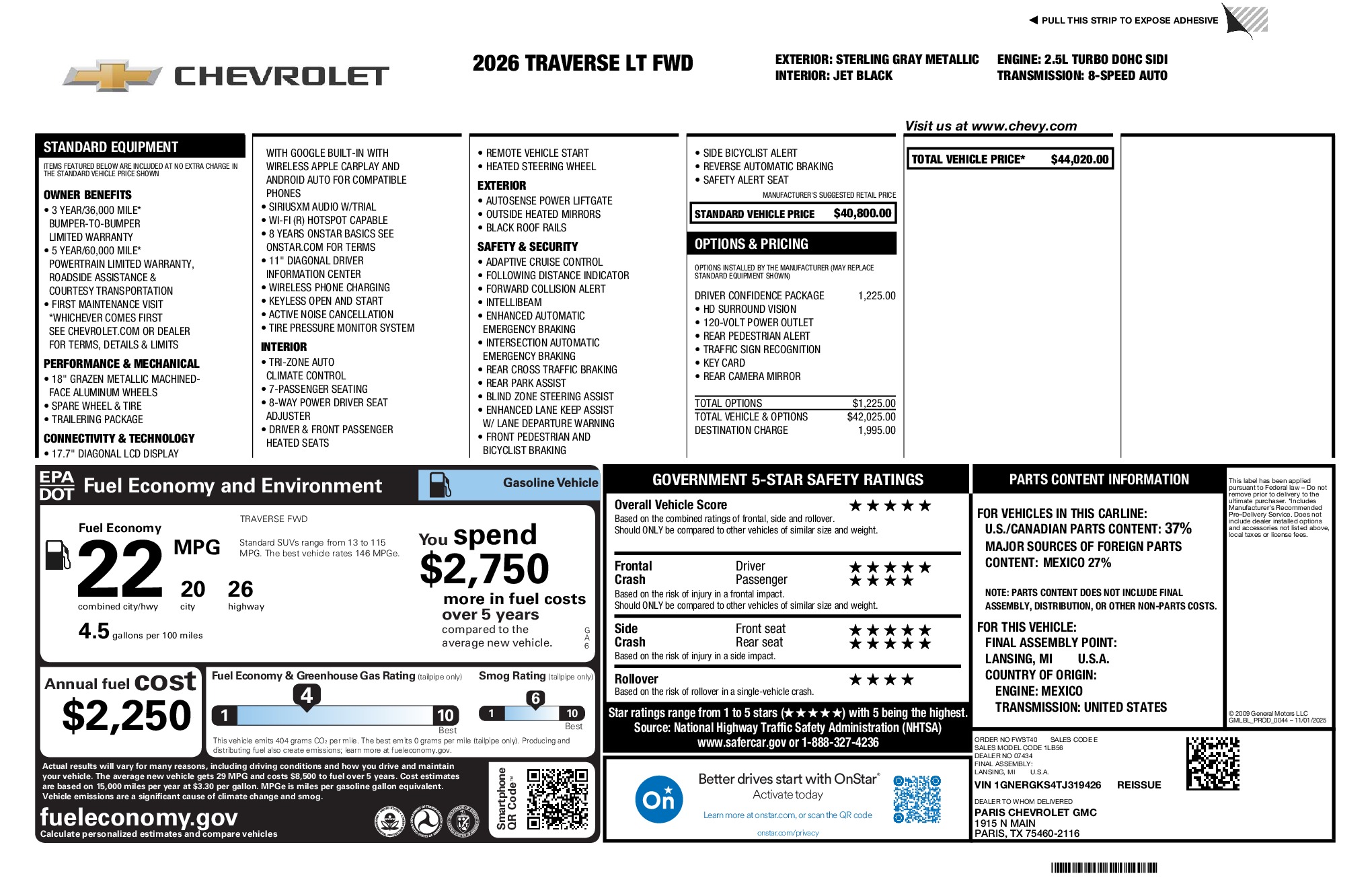 2026 Chevrolet Traverse LT window sticker