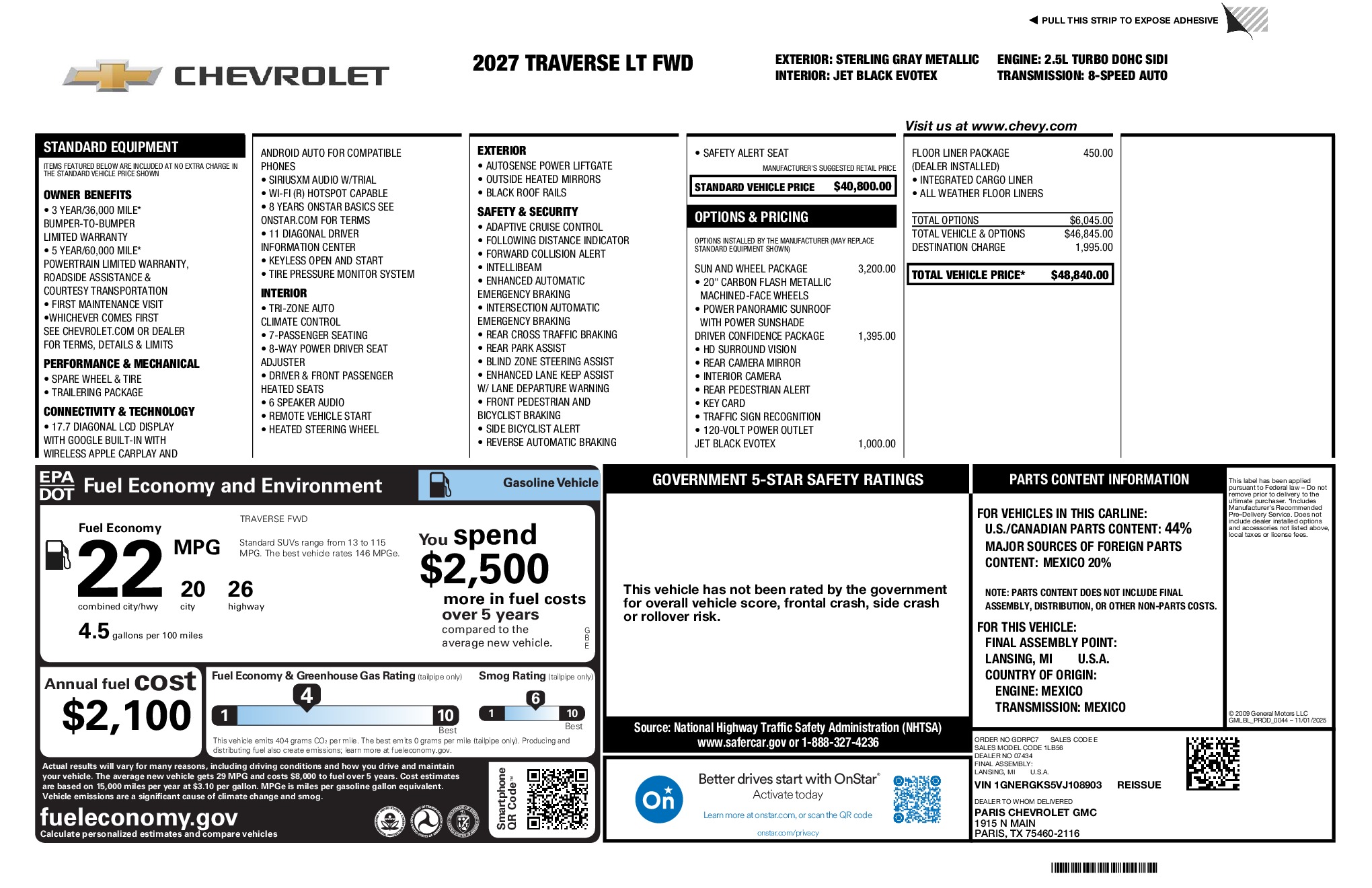 2027 Chevrolet Traverse LT window sticker