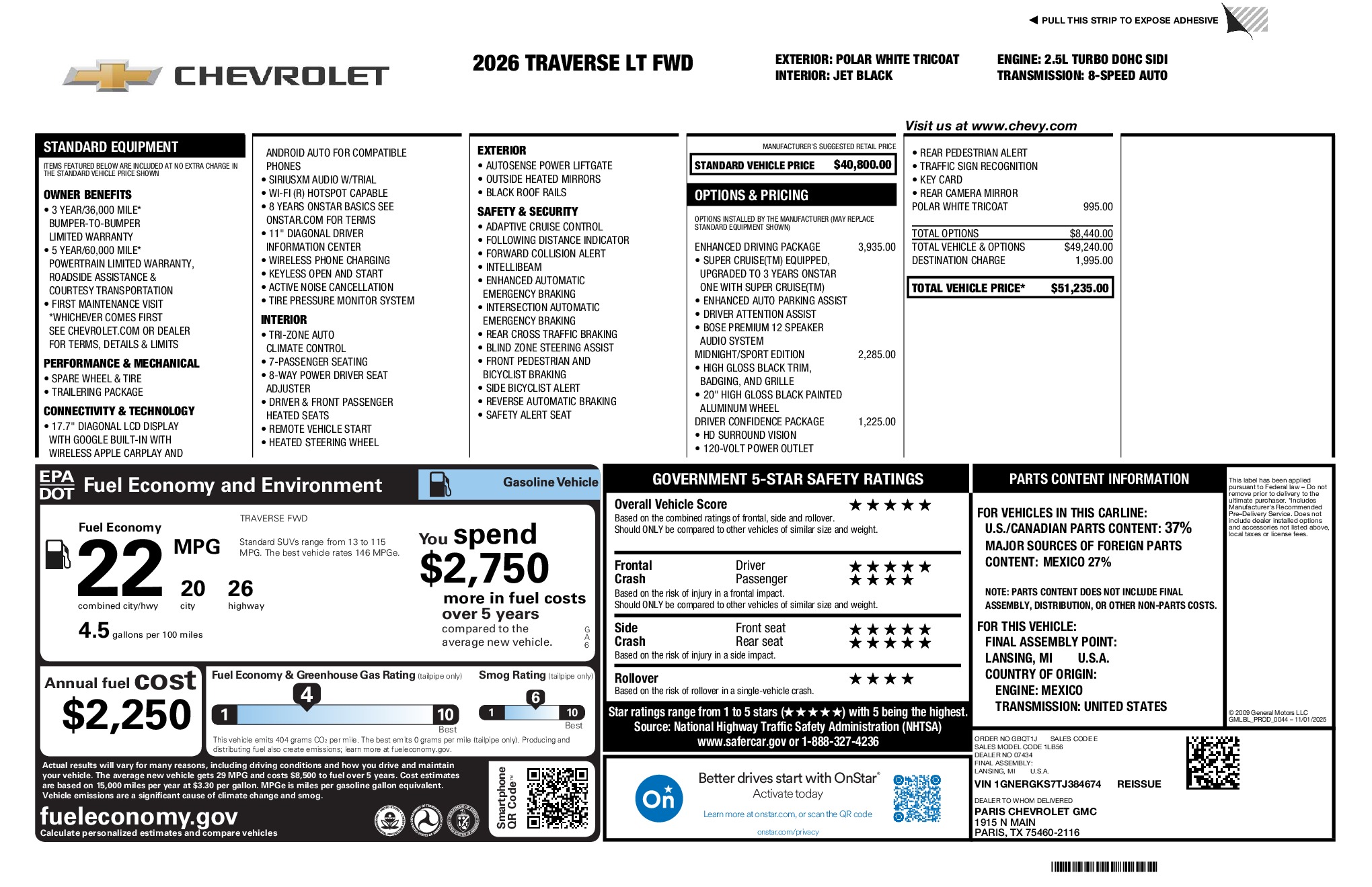 2026 Chevrolet Traverse LT window sticker