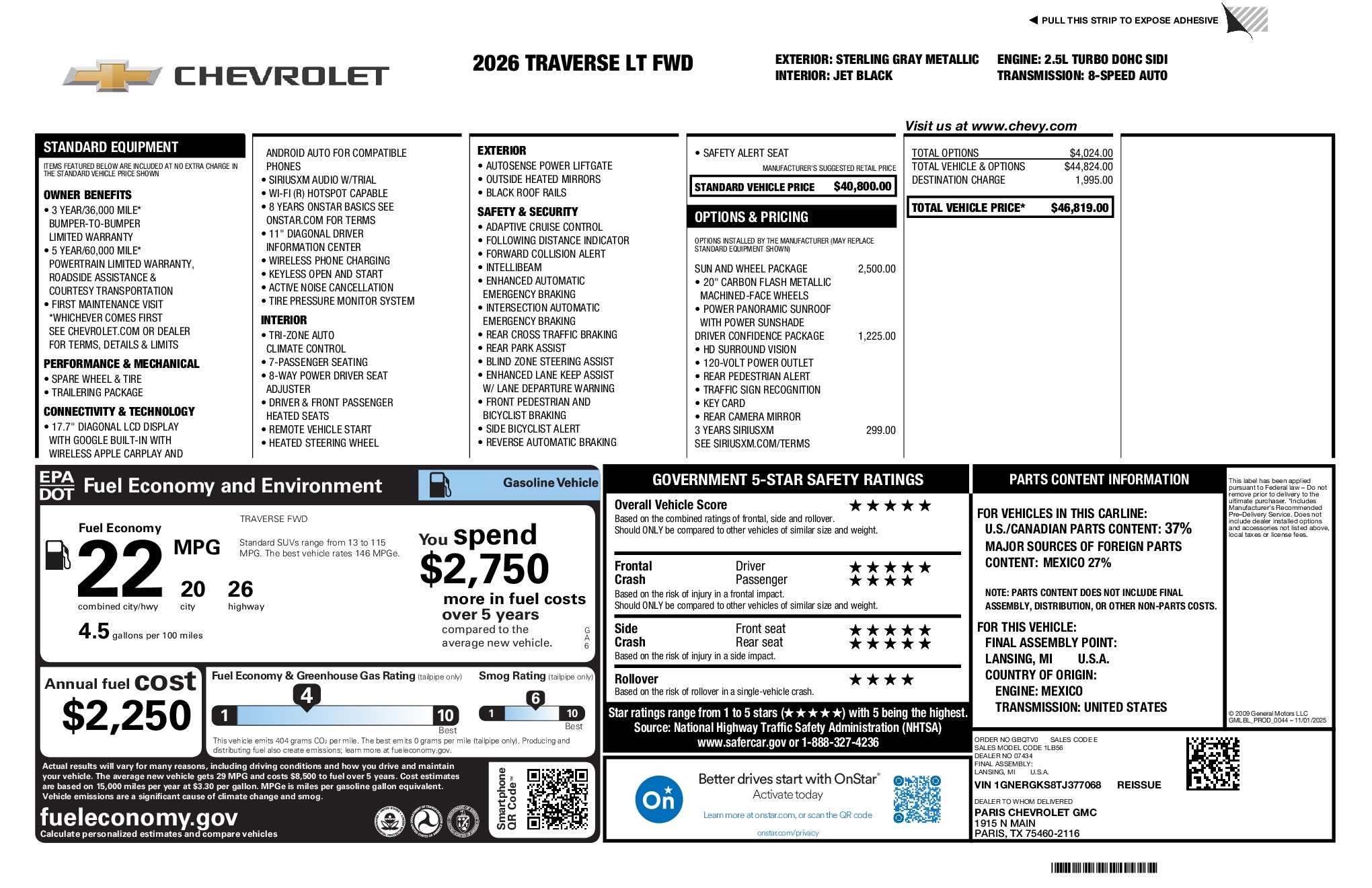 2026 Chevrolet Traverse LT window sticker