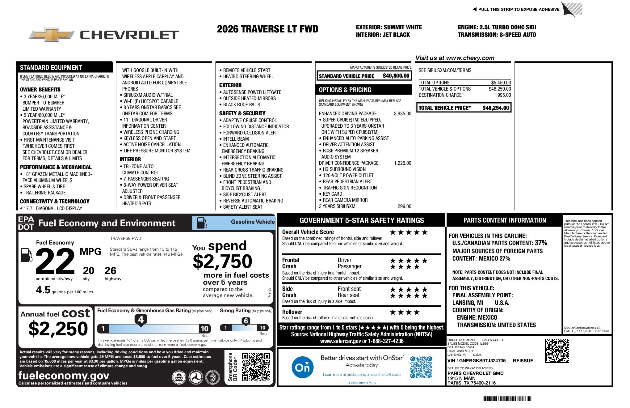 2026 Chevrolet Traverse LT window sticker