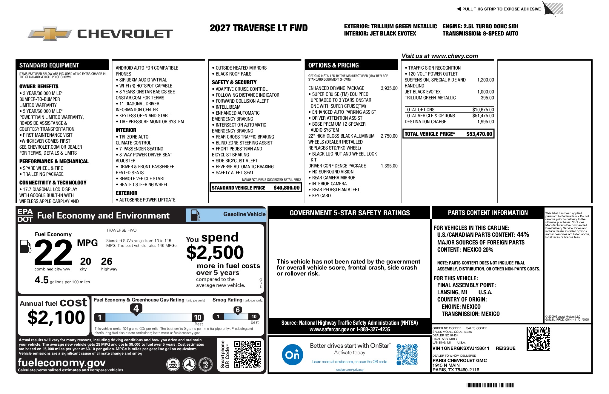 2027 Chevrolet Traverse LT window sticker
