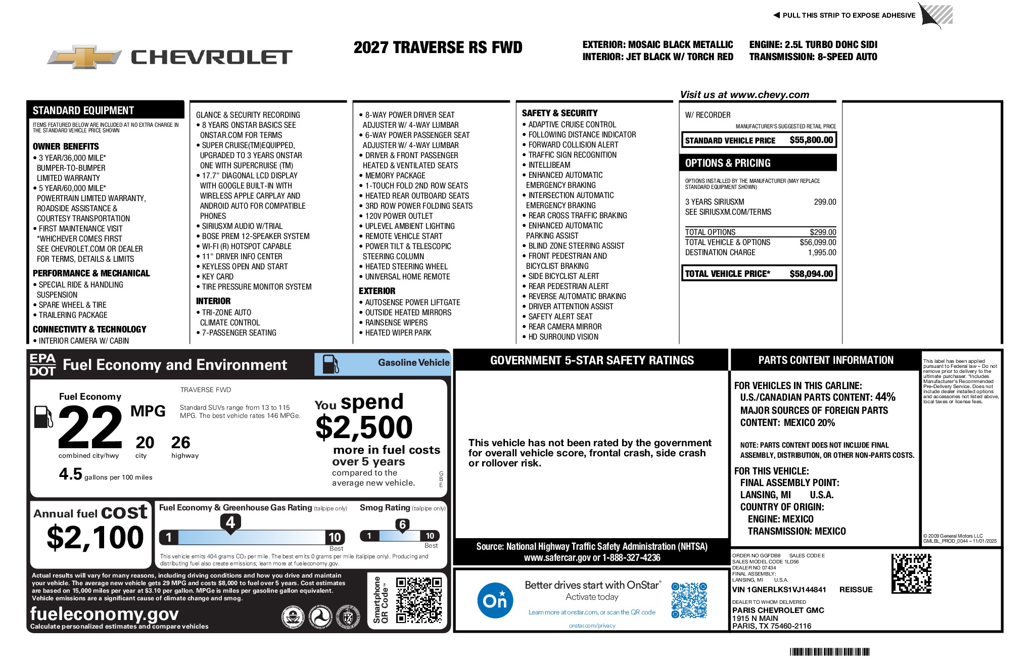2027 Chevrolet Traverse RS window sticker