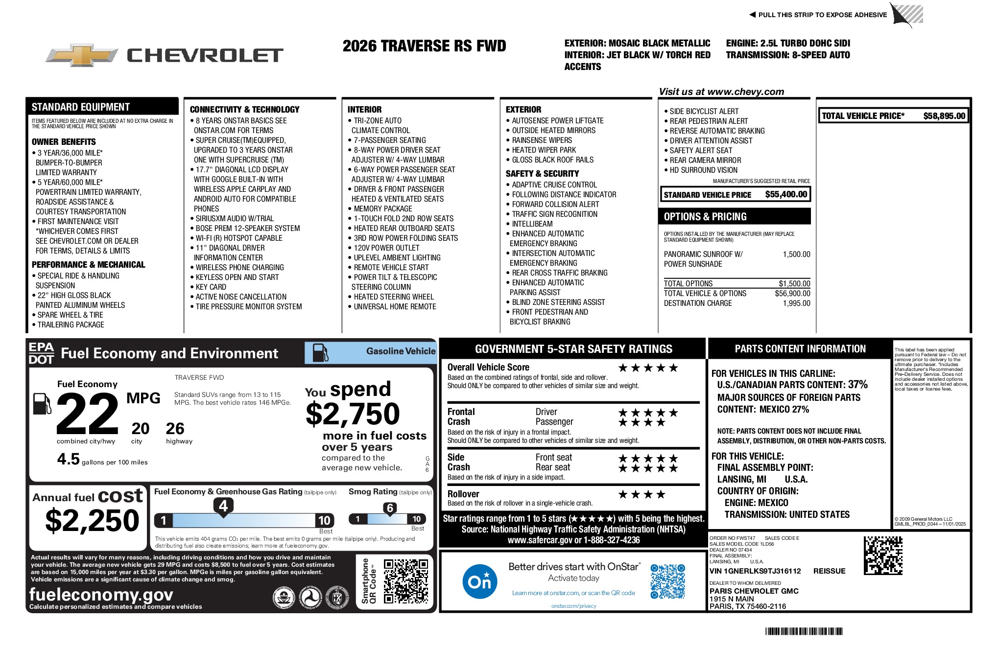 2026 Chevrolet Traverse RS window sticker